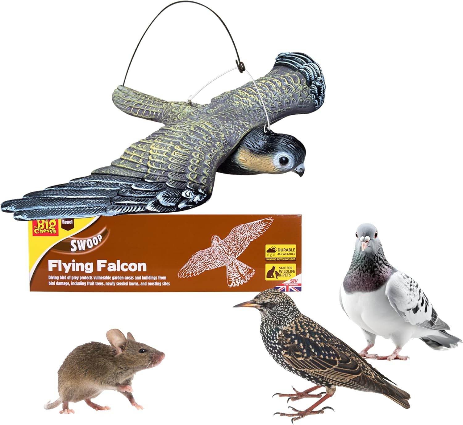 The Big Cheese Flying Falcon Decoy – Realistic Bird Scarer – Wind-Action Sy