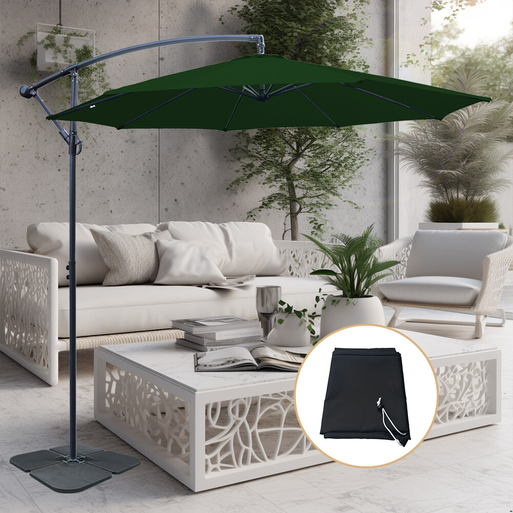 3m Banana Parasol Garden Patio Cantilever Umbrella w/ Base Weights Cover Green