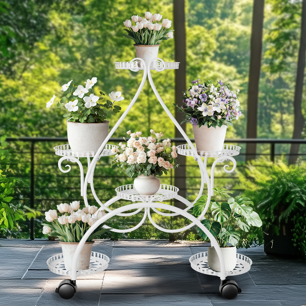 Metal Plant Stand with Wheels 6 Potted Indoor Outdoor Garden Flower Stand Rack