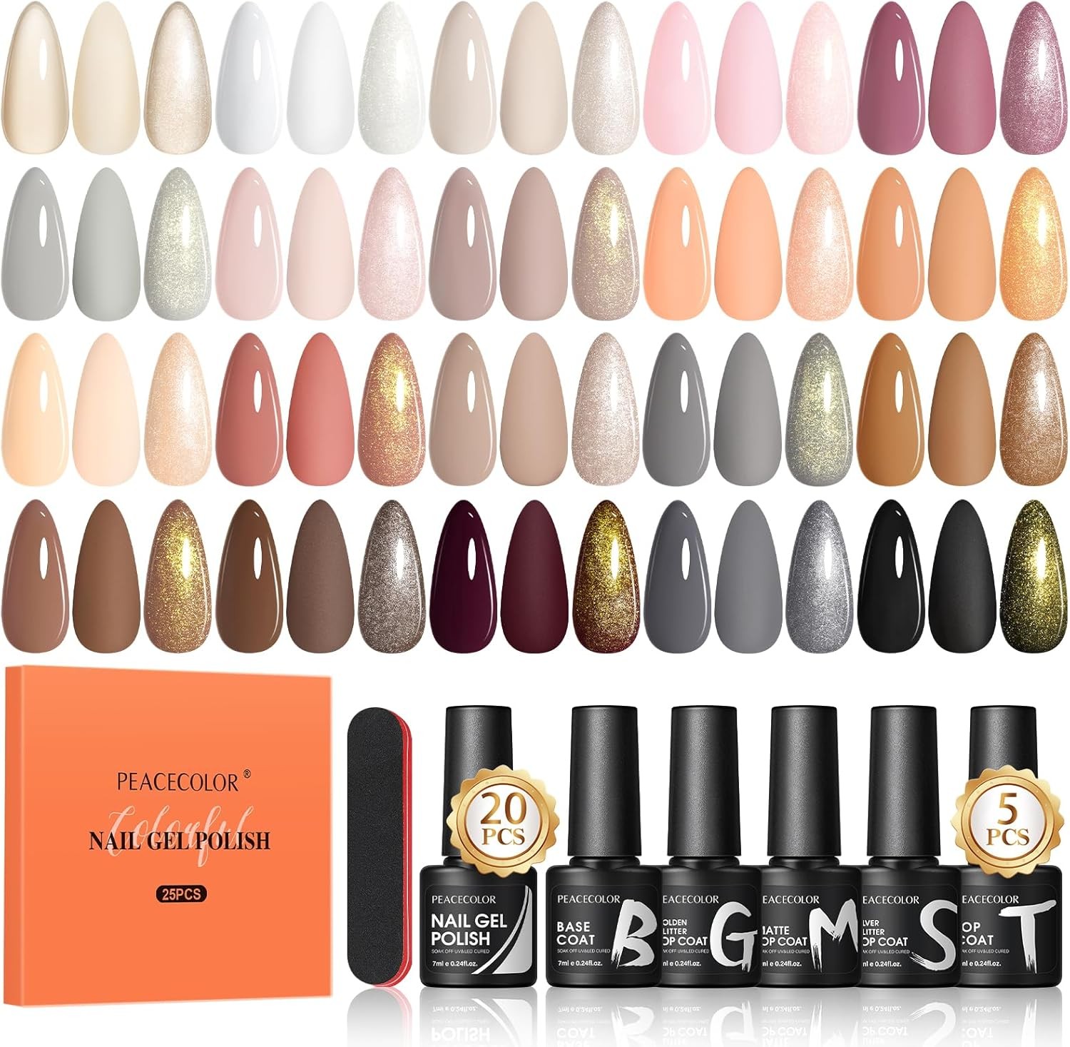 PEACECOLOR 25PCS Gel Nail Polish Set, 20 Colours Gel Polish White Black Brown N