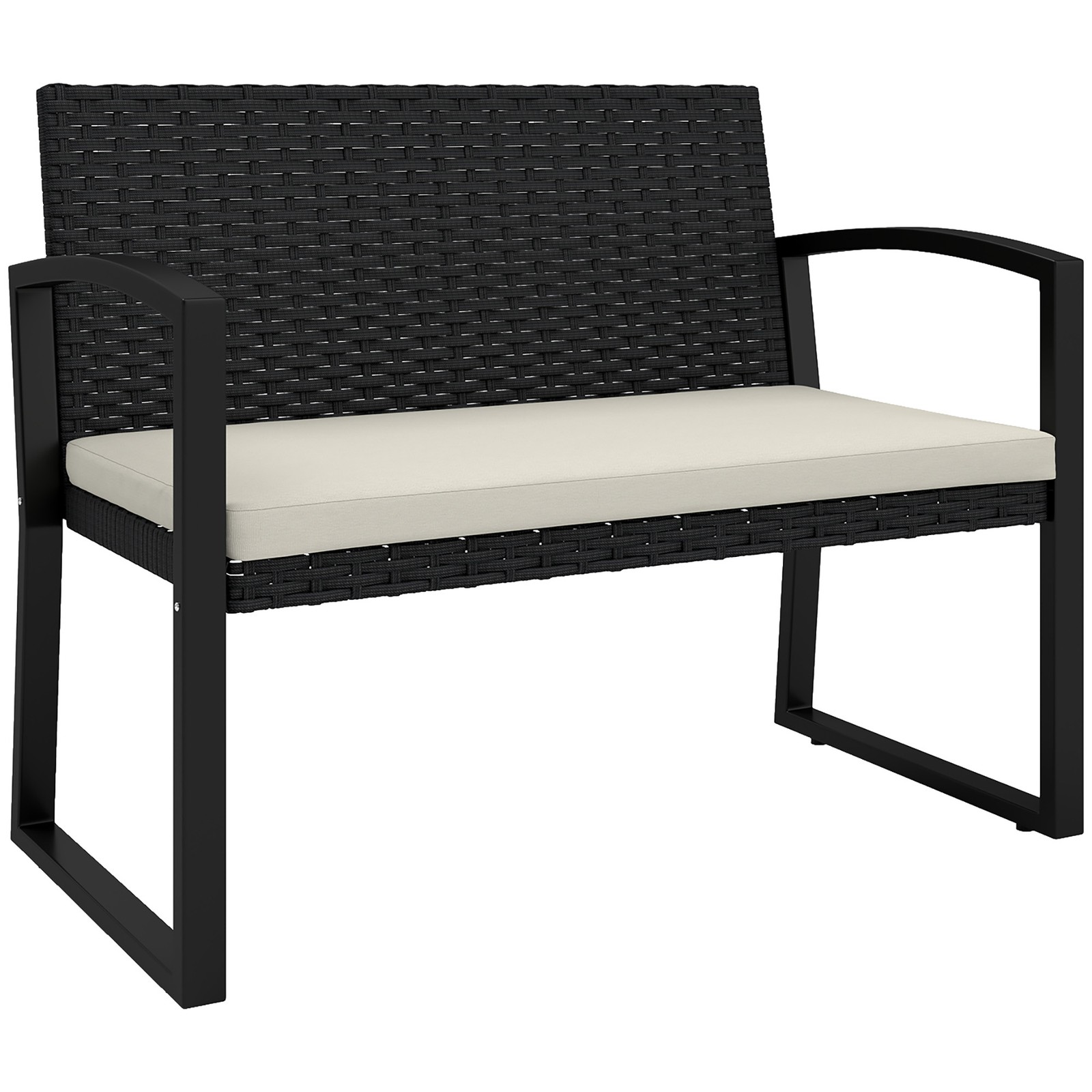 Outsunny 2 Seater Rattan Garden Bench with Cushion, Steel Frame, Beige