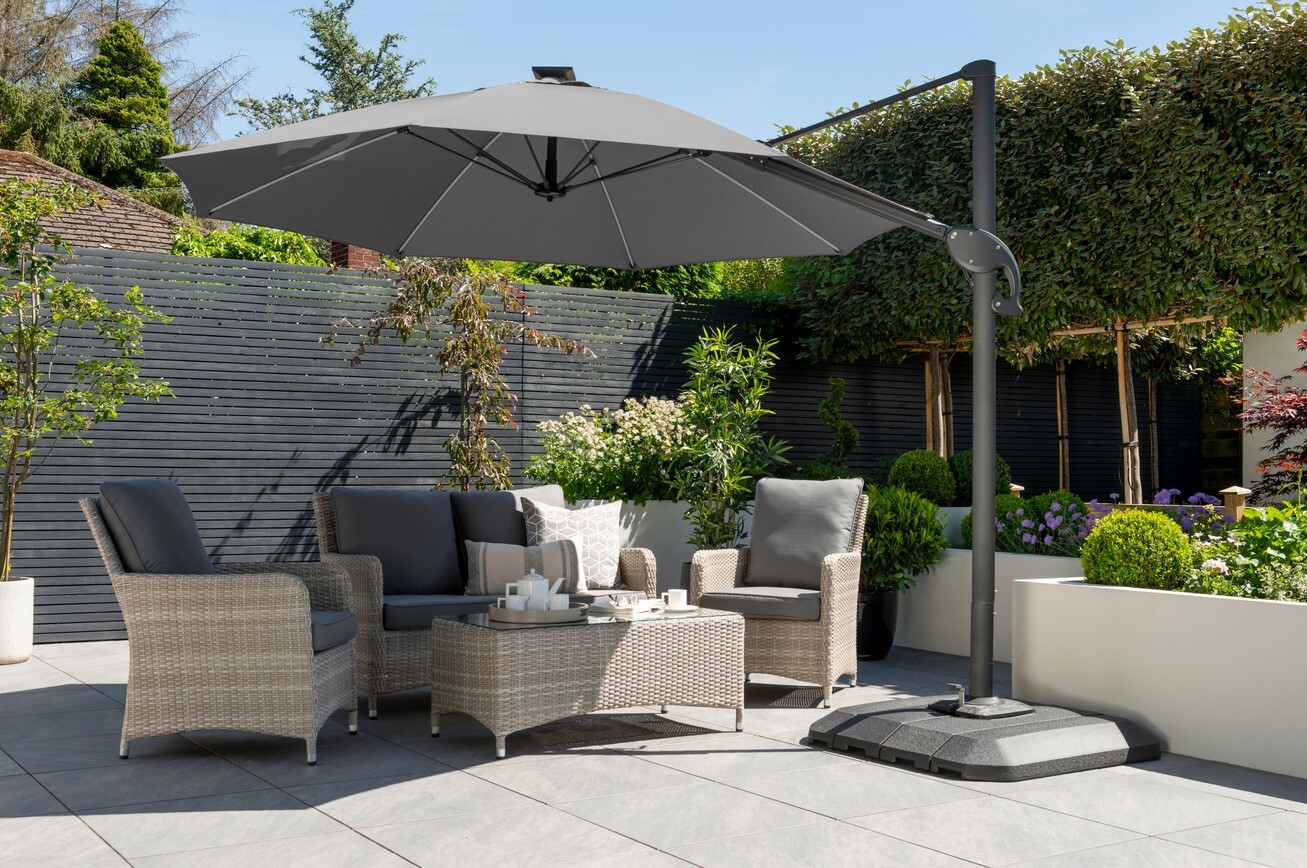 3m Round LED Cantilever Parasol w/Water Filled Base Weights - Grey, Heavy Duty!