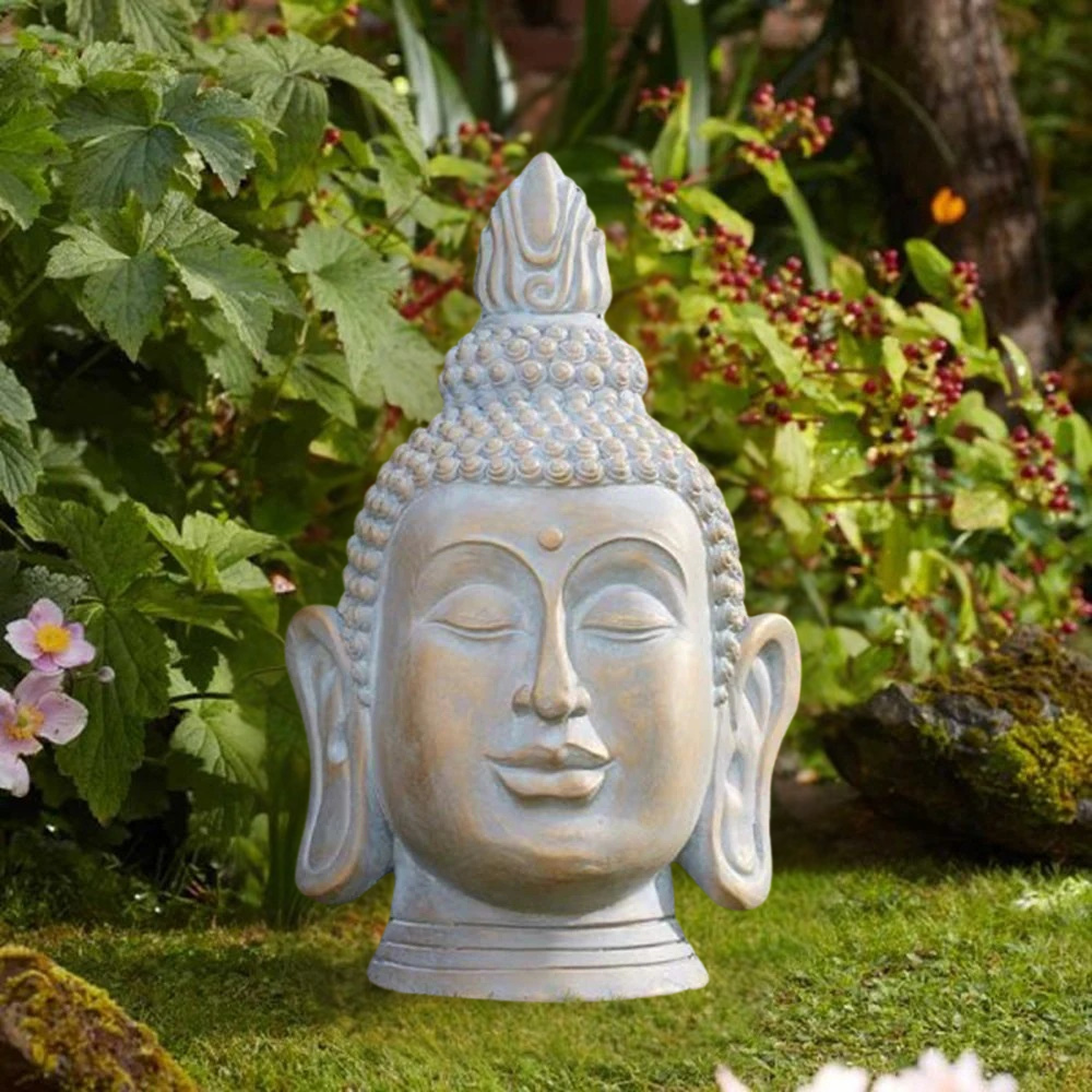 Buddha Head Garden Ornament Large Stone Effect Statue Zen Outdoor Decor 50cm