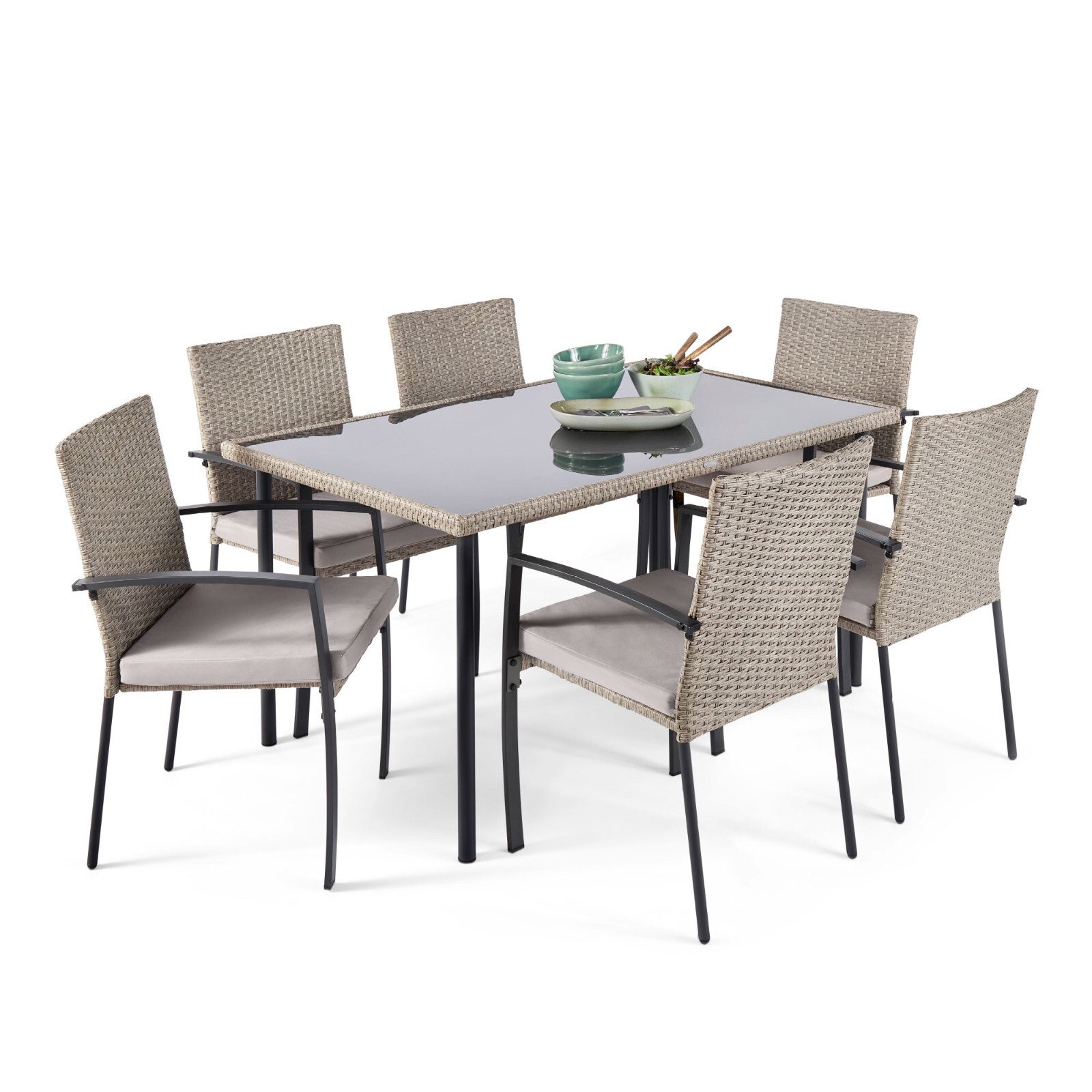 Rattan Effect Garden Dining Set, 6 Seater Outdoor Dining Table & Chairs, Vonhaus