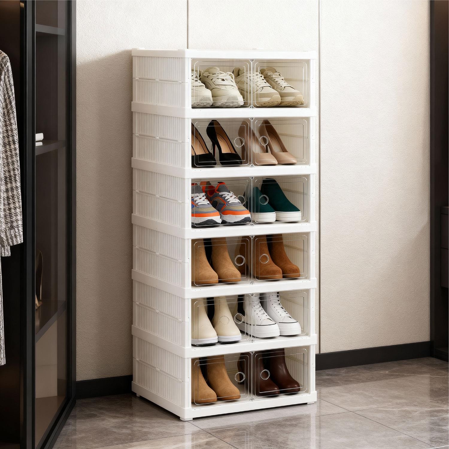 6 Tier Double Stackable Shoe Storage Boxes Clear Foldable Trainers Organiser