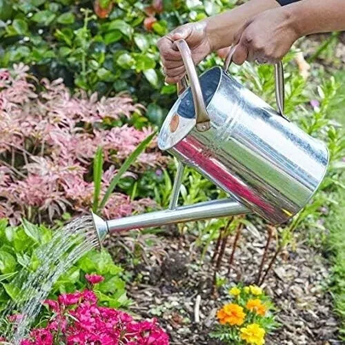 9L Garden Watering Can Galvanised Steel Flower Plant With Rose Silver Long Reach