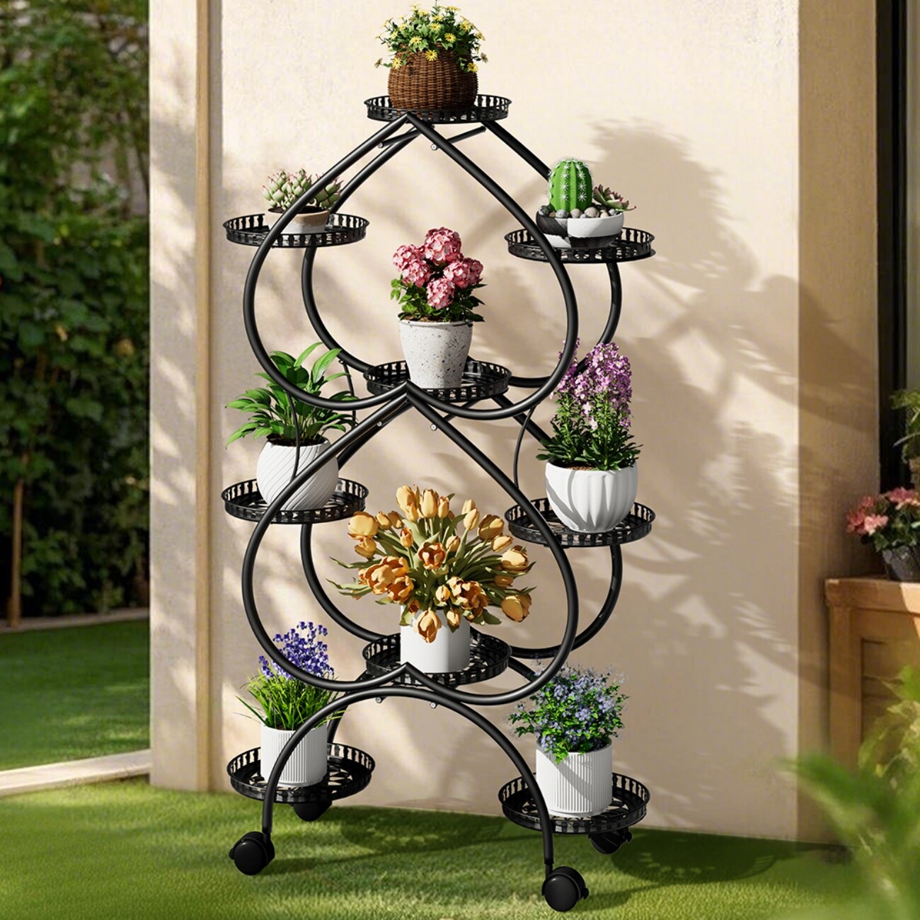 9 Pot Metal Plant Stand Black Iron Flower Holder with Wheel for Balcony & Garden