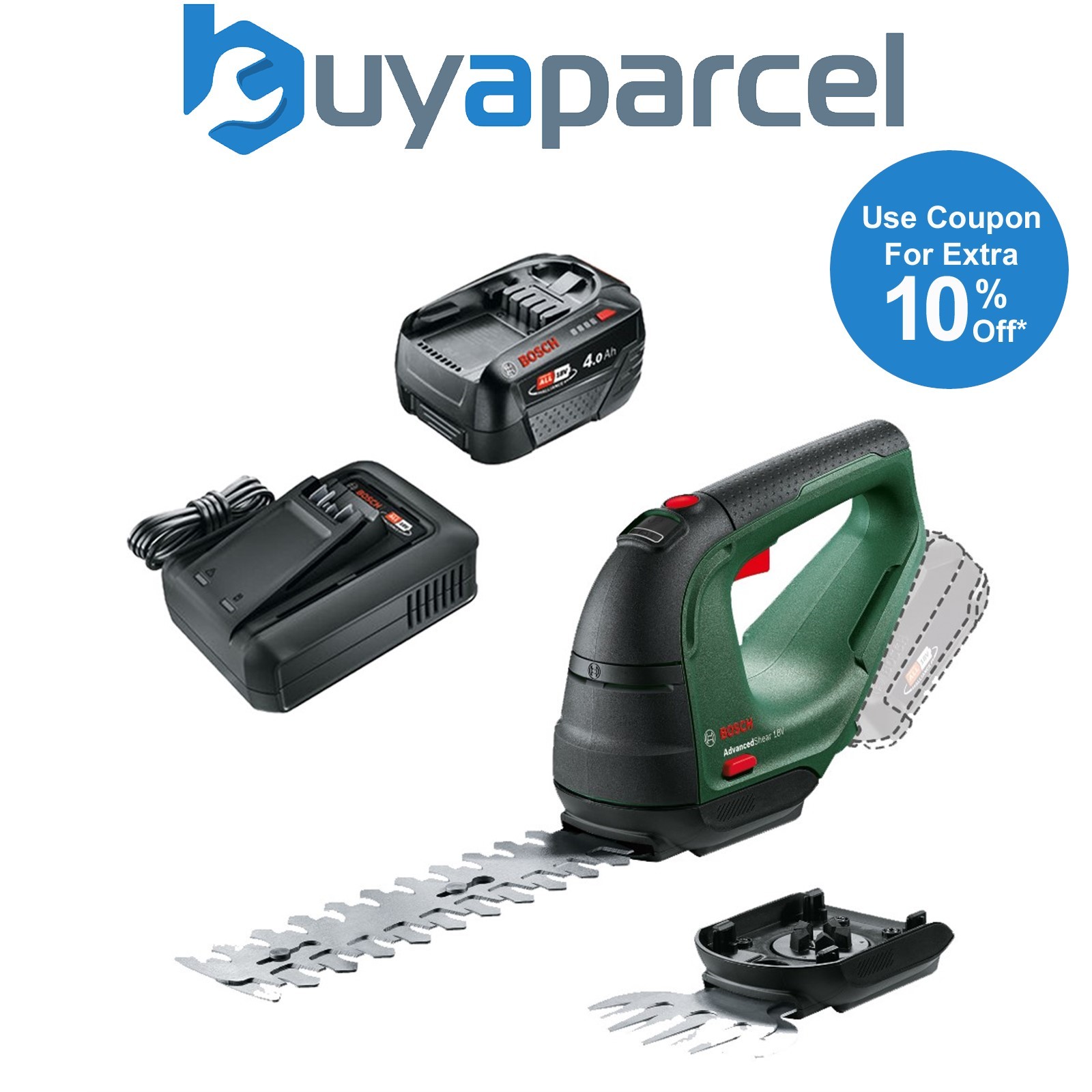 Bosch Cordless Grass Shear Hedge Cutter Pruner AdvancedShear 18V-10 + 4AH Kit