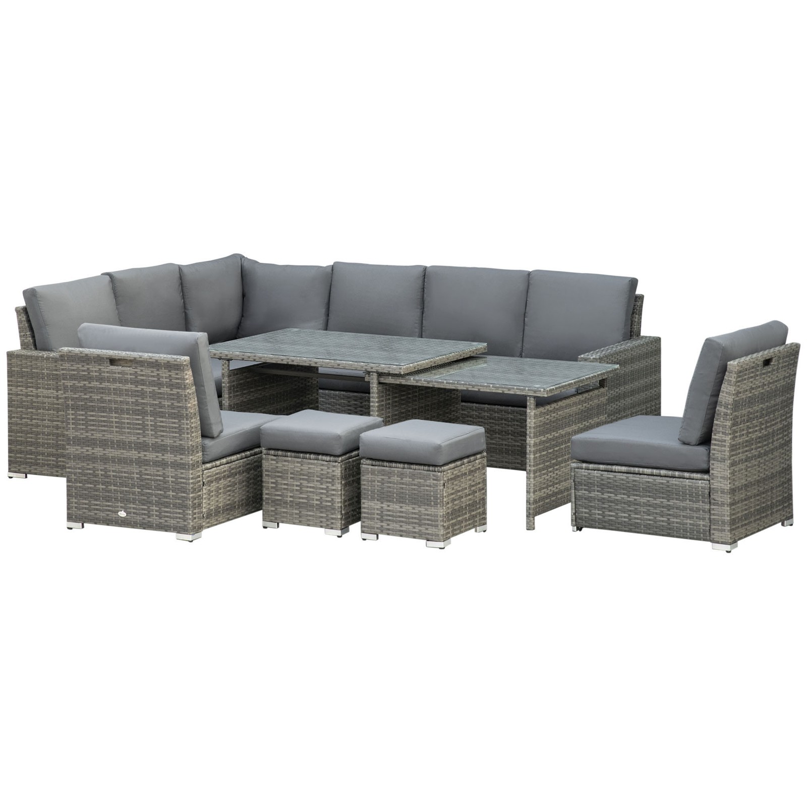 Outsunny 10-Seater Sofa Sectional W/ Cushioned Seat, Footstools and Glass Table