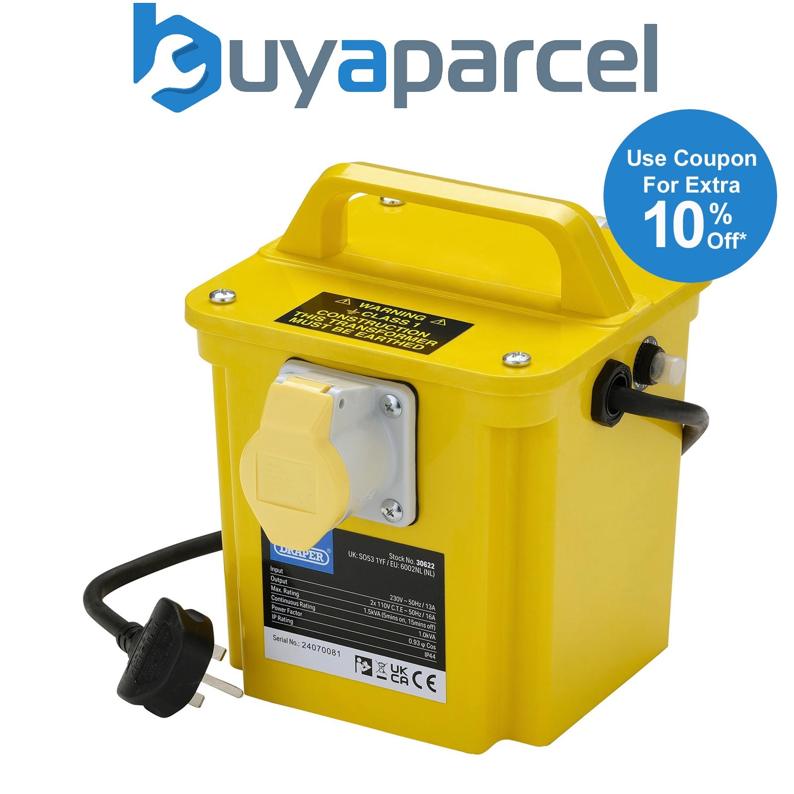 Draper 30622 110V Portable Transformer, 1.5kVA