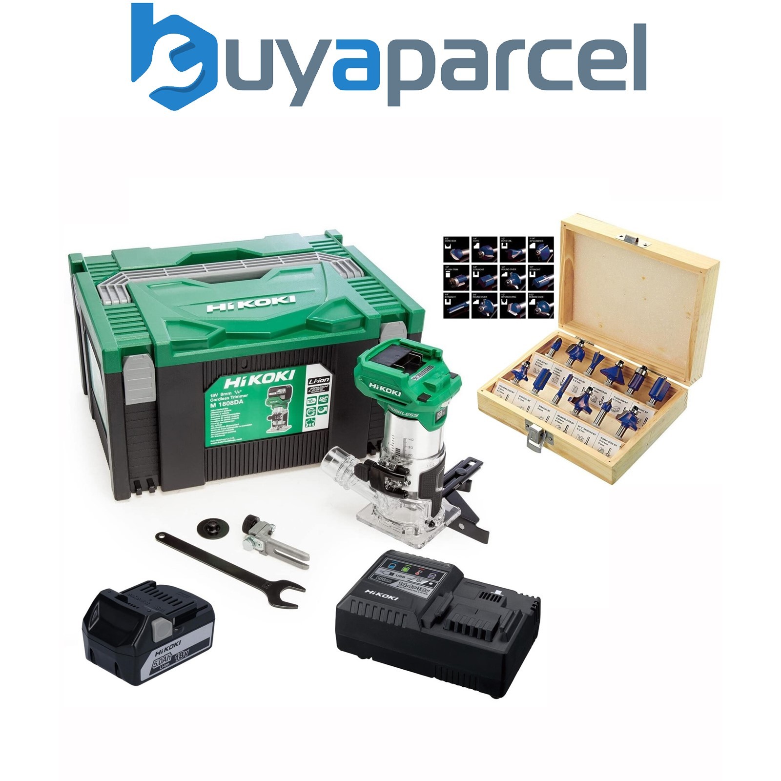 Hikoki 18v 1/4in Cordless Router Trimmer 1 x 5.0Ah Li-ion + Bit Set M1808DAJPZ