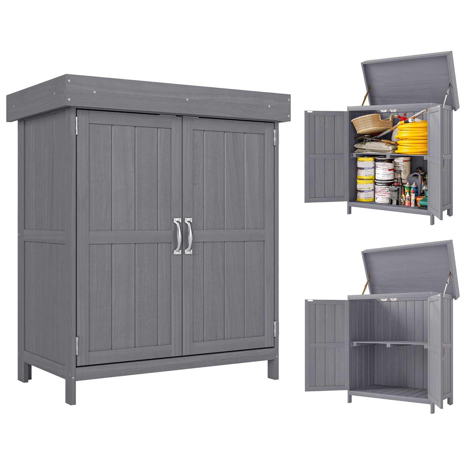 Outsunny Wooden Garden Shed Double Door Tool Storage House, 74x43x88cm, Grey