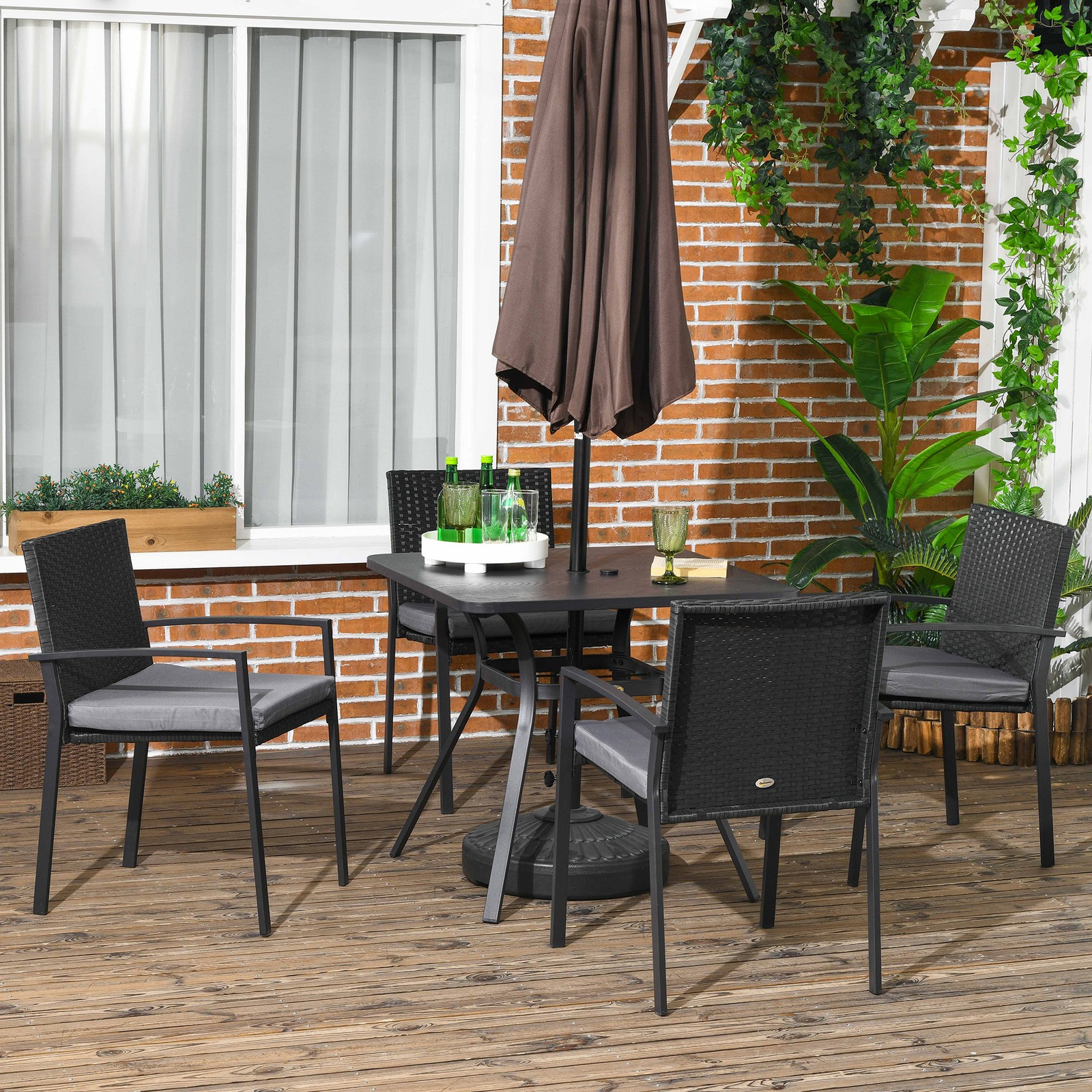 4 Seater Rattan Dining Set with Cushions Outdoor Garden Furniture Set, Black