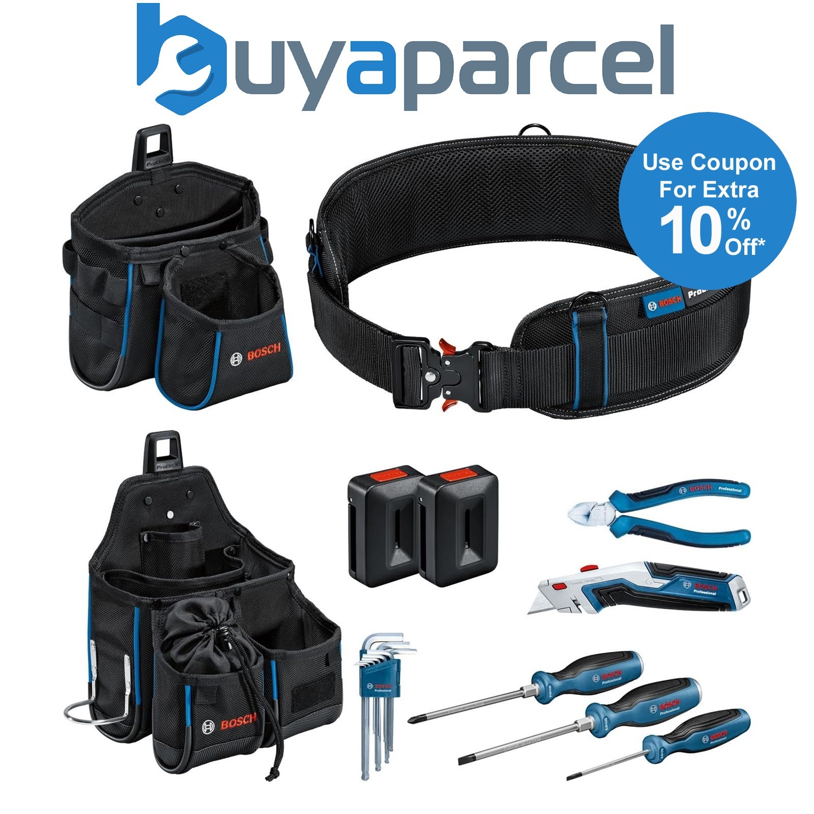 Bosch Professional Tool Belt 4 Tool Pouch + 2 x ProClick Holders + Hand Tools