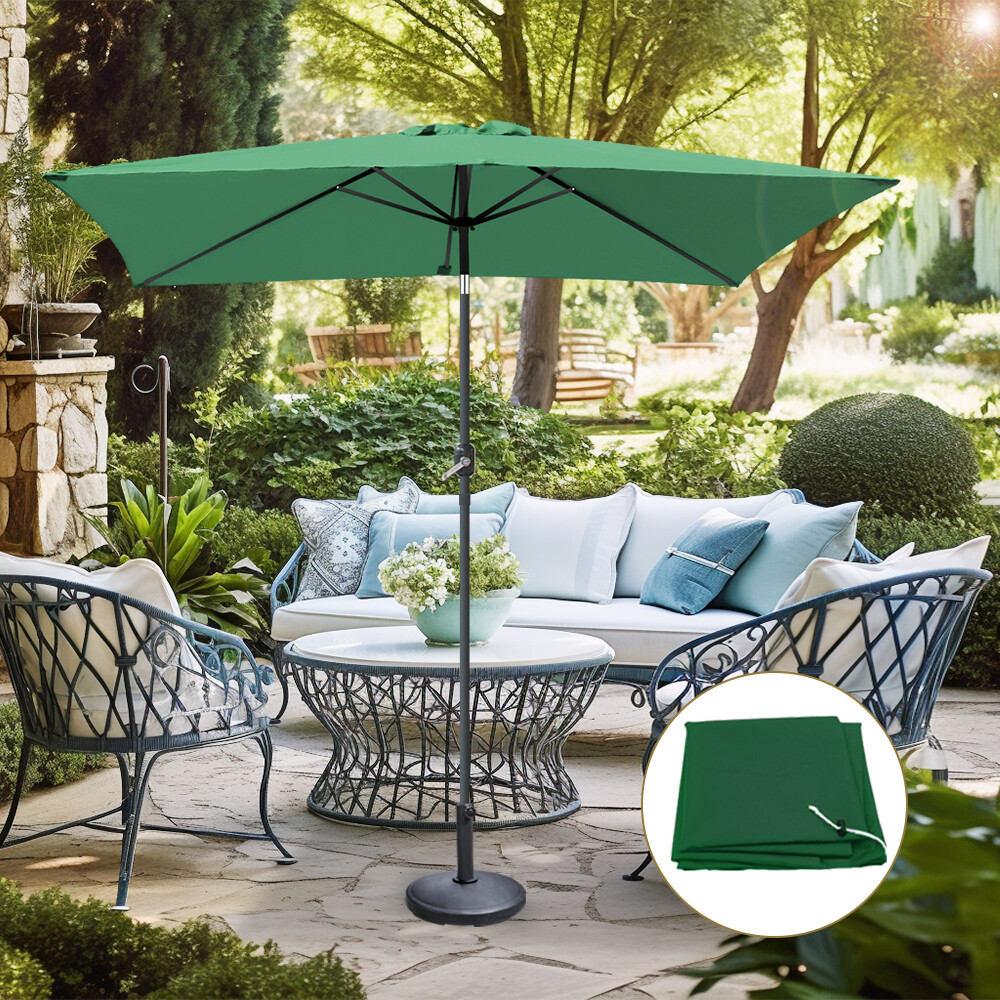 2x3m Green Rectangular Garden Parasol Patio Umbrella Crank Tilt w/ Base Cover