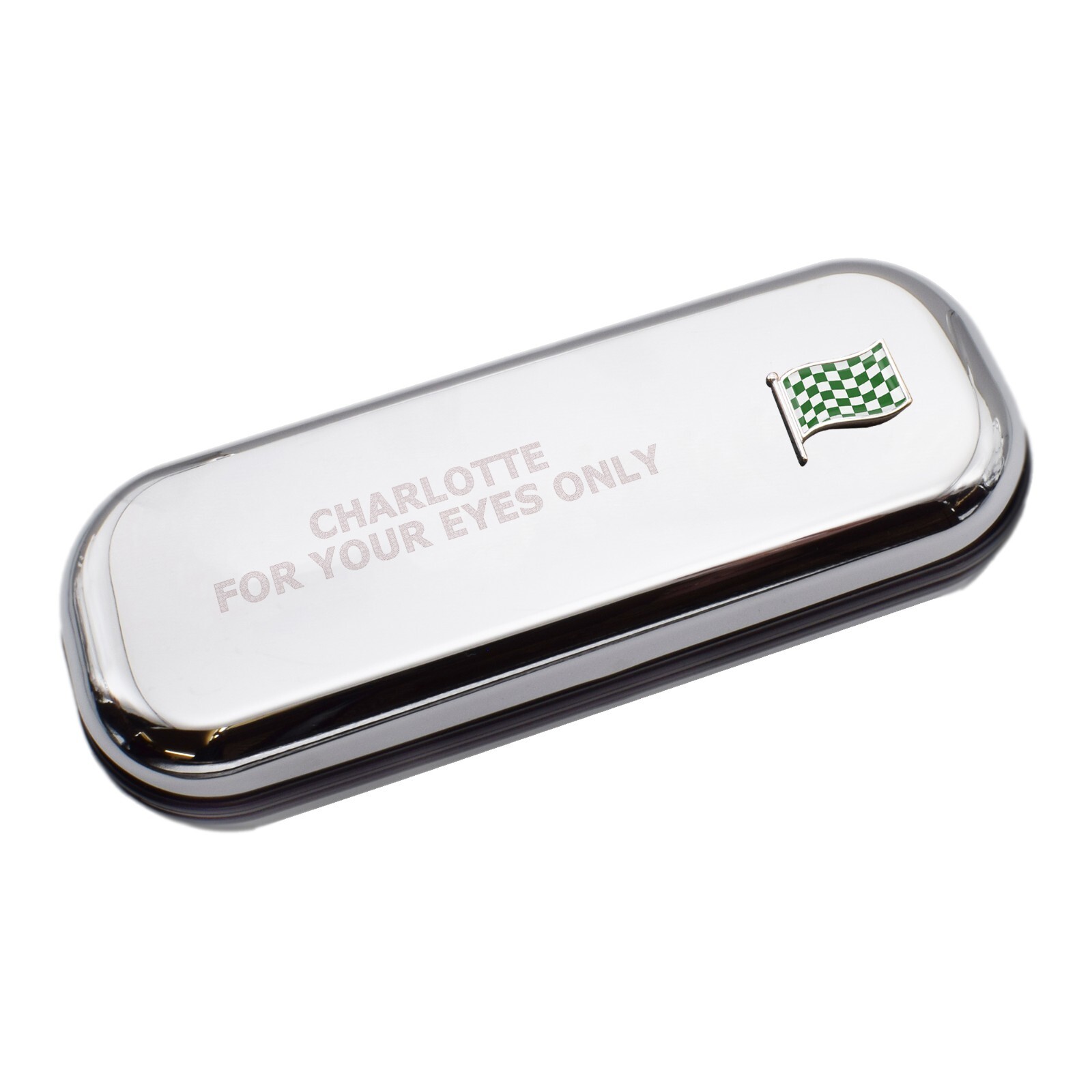 Green Checkered Wave Flag & Engraved With Message Chromed Glasses Case Box