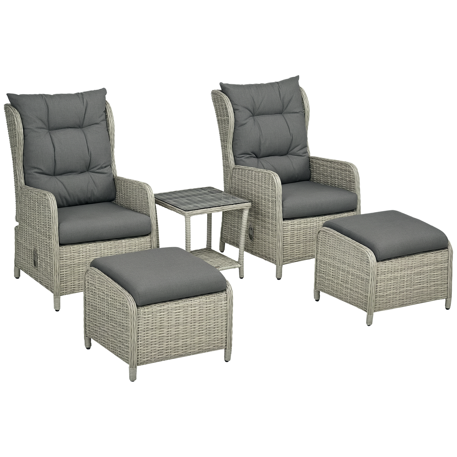 Outsunny Recliner Rattan Garden Furniture w/ Two-tier Table, Grey