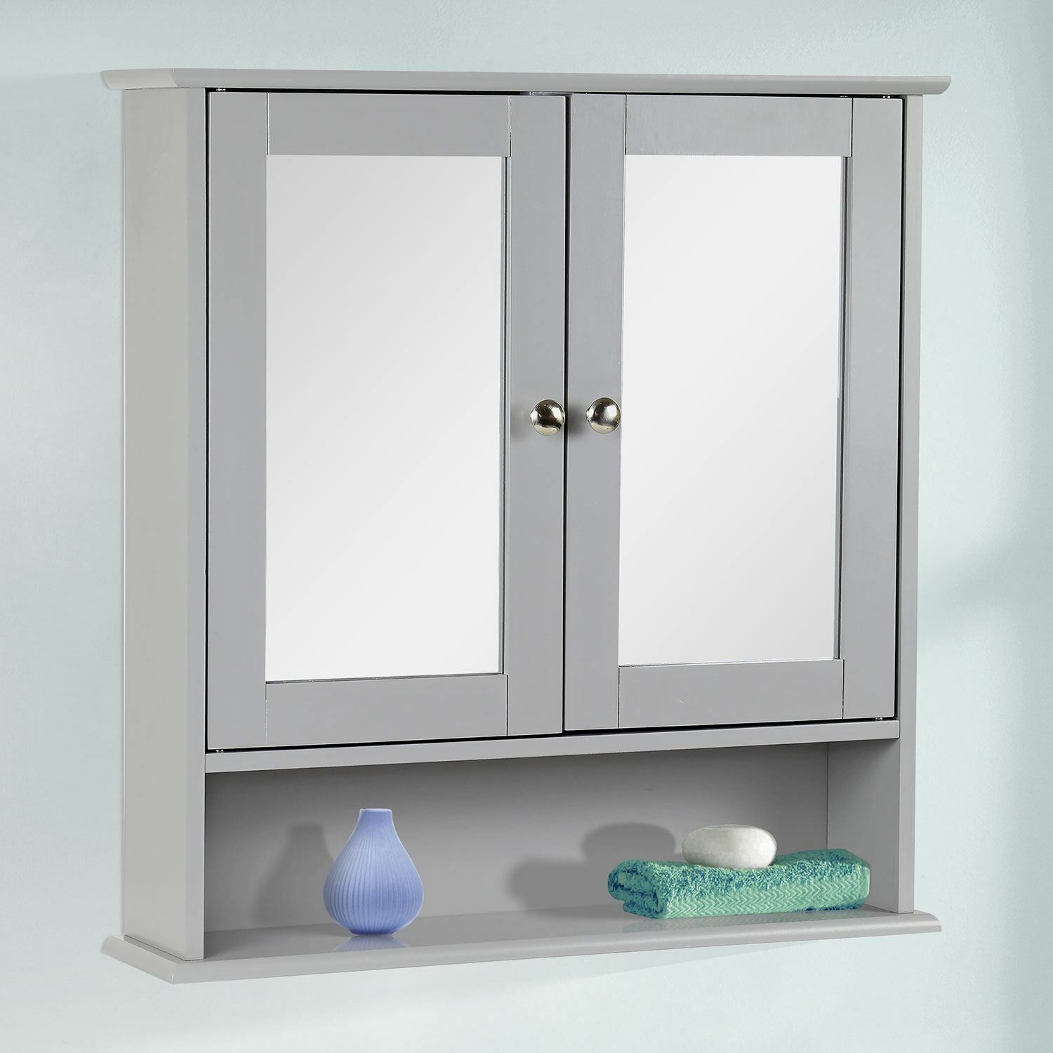 Grey Wooden Double Mirror Door Indoor Wall Mountable Bathroom Cabinet Shelf New