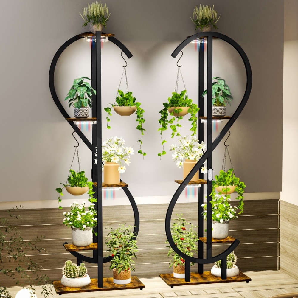 1Pc Staggered Indoor Plant Stand with Grow Lights 5 Tiers with Hanging Pot Hooks