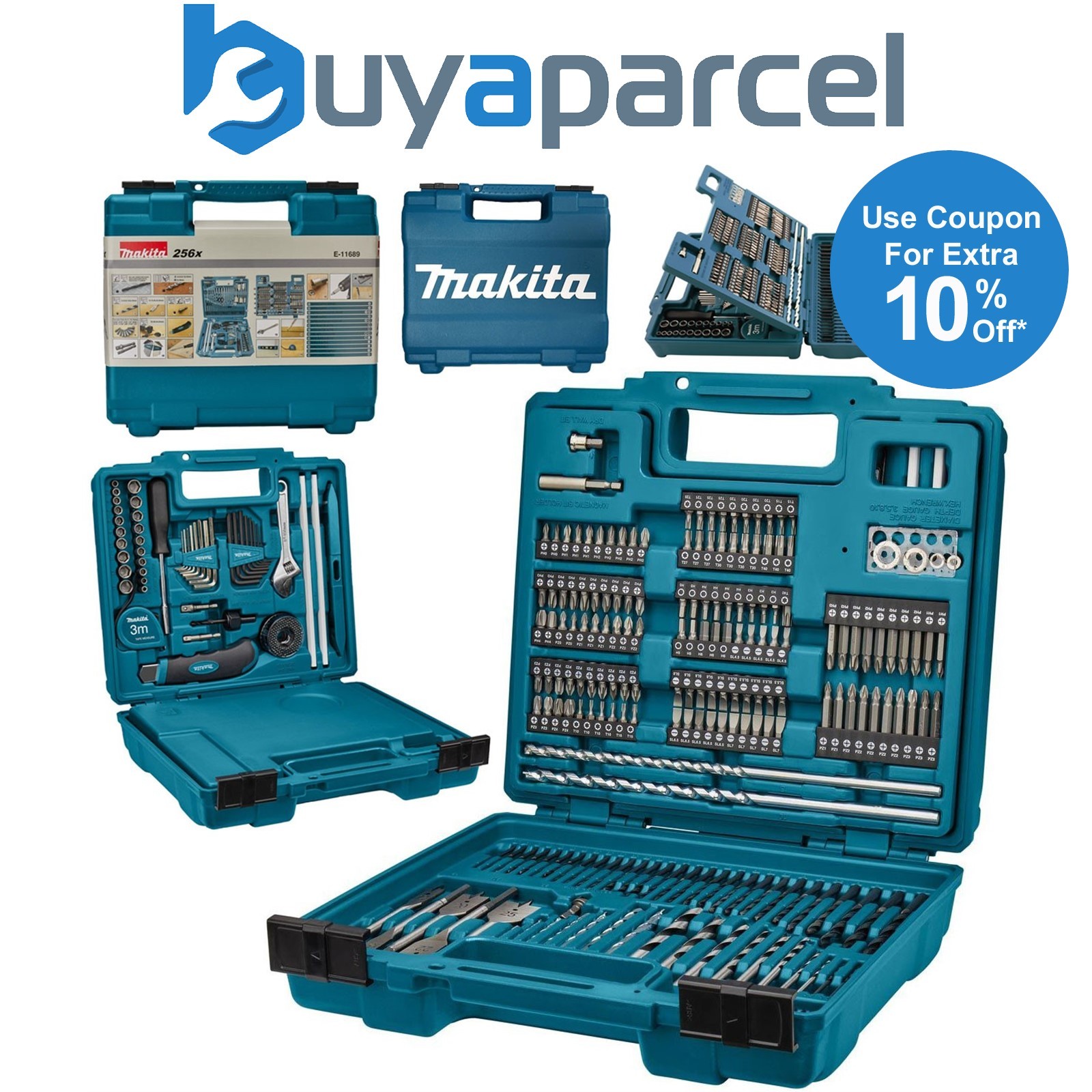 Makita E-11689 256PC Drill Bit Masonry HSS Drill Socket Flat Bit Set Nut Setter