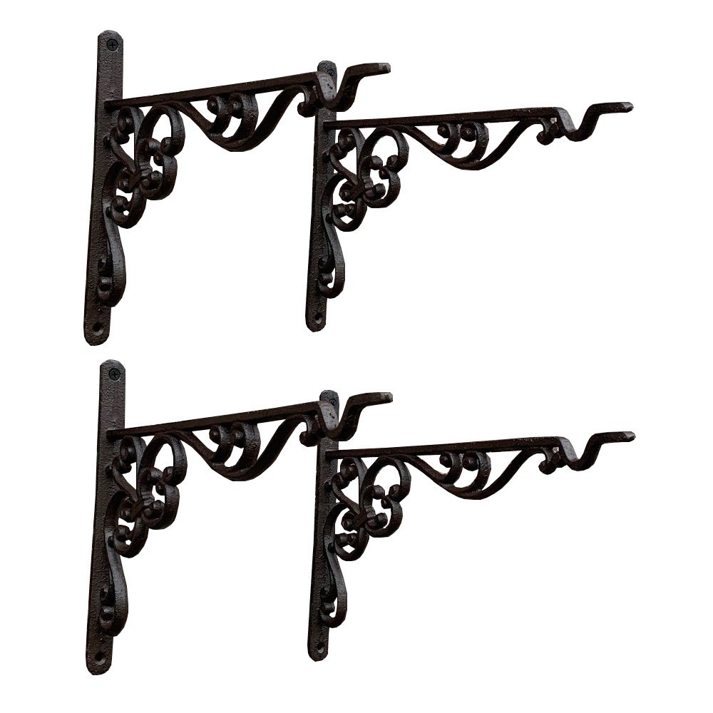4 x Hanging Basket Brackets Cast Iron Garden Wall Hooks Plant Hanger (35cm)
