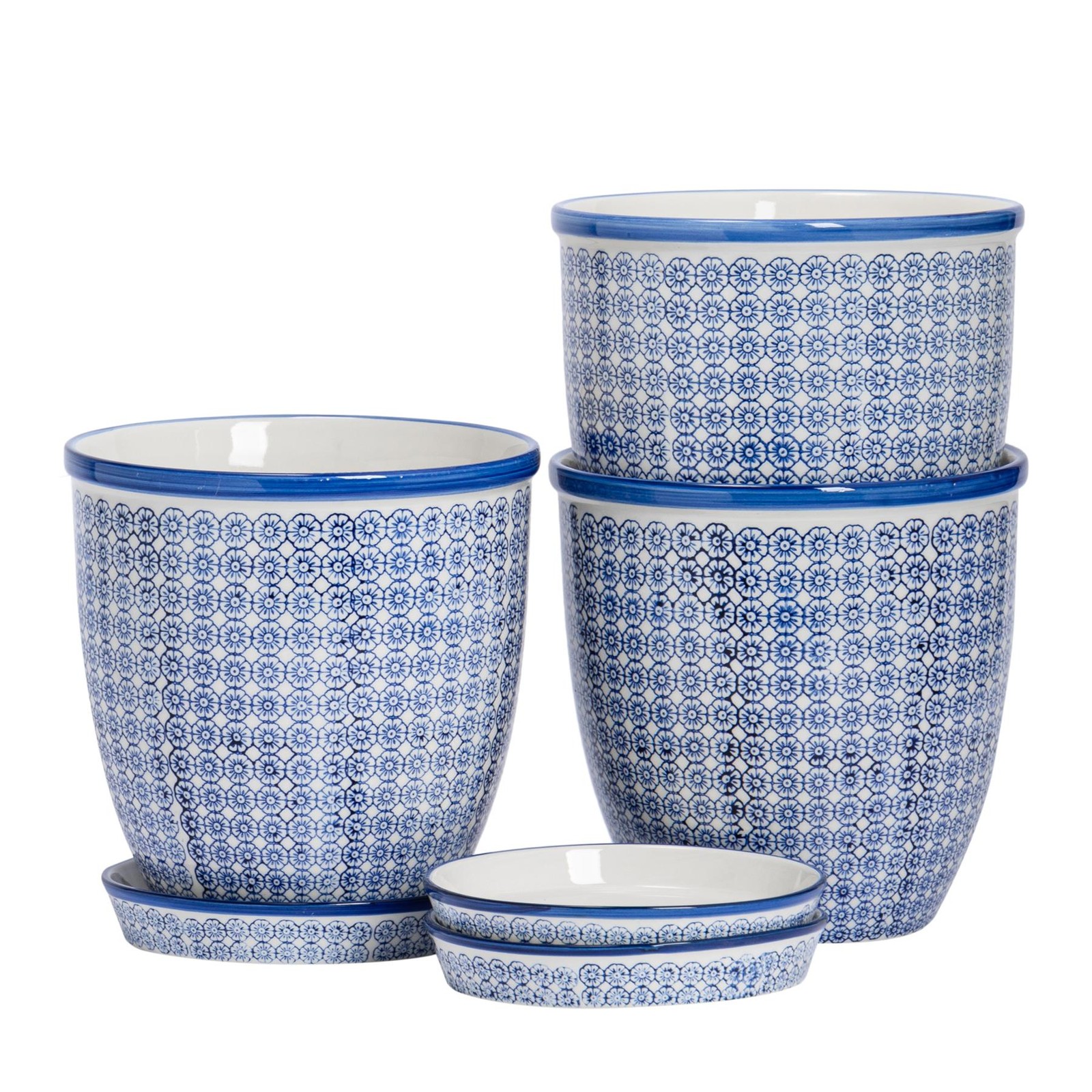 3x Hand-Printed Plant Pots with Saucers Garden Flower Planter 20.5cm Navy