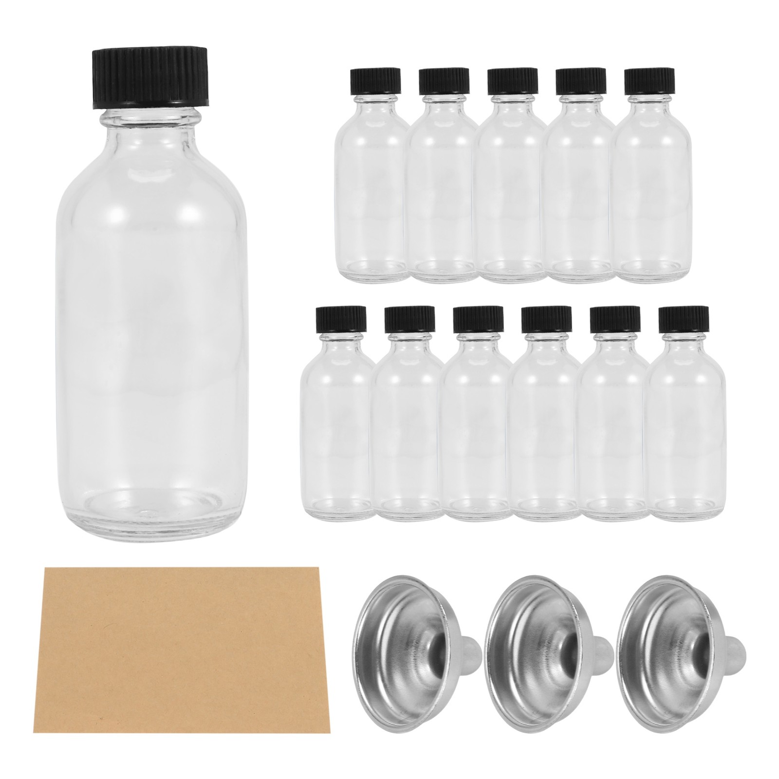 12Pc 2 Oz Small Clear Glass Bottles with Lids & 3 Funnels - 60Ml Bottles3892
