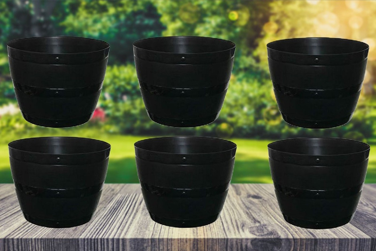 6 Large Black Barrel Planter Round Plastic Plantpot 50cm Patio Garden Flower Tub
