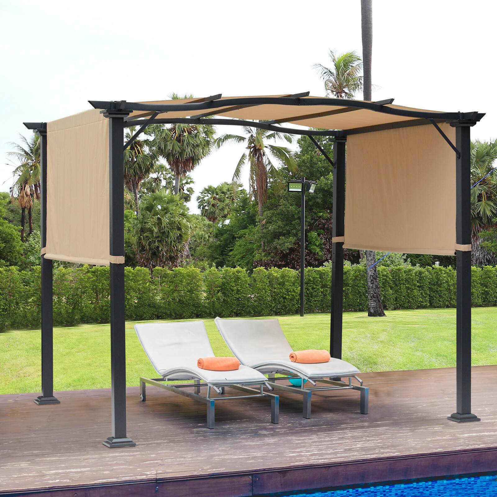 Outdoor Retractable Pergola Gazebo Overhead Shade Sun Shelter Steel Polyester