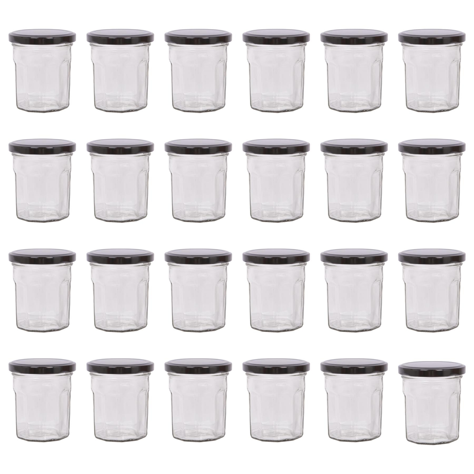 24x 150ml Glass Jam Jars with Black Lids Chutney Preserve Honey Pickle Storage