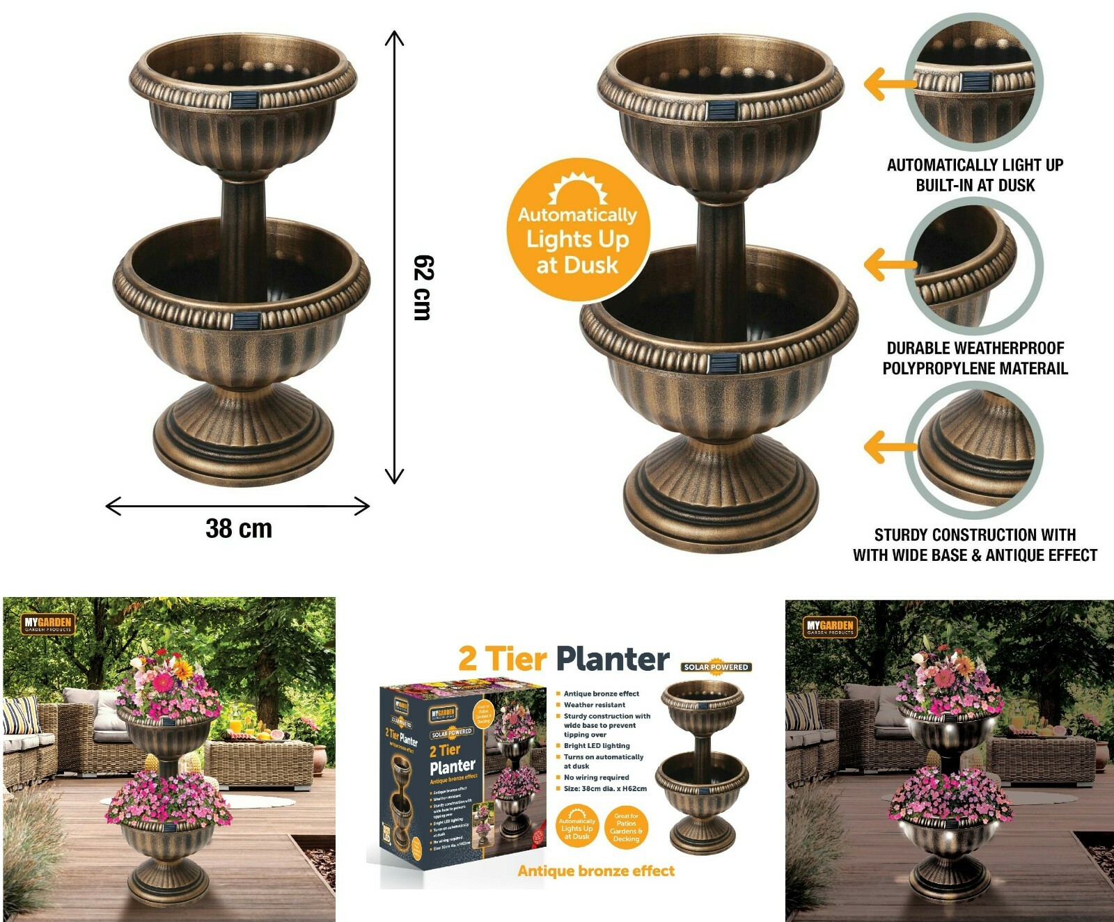 2 Tier Planter Flowers Solar LED Plant Outdoor Indoor Garden Water Fountain