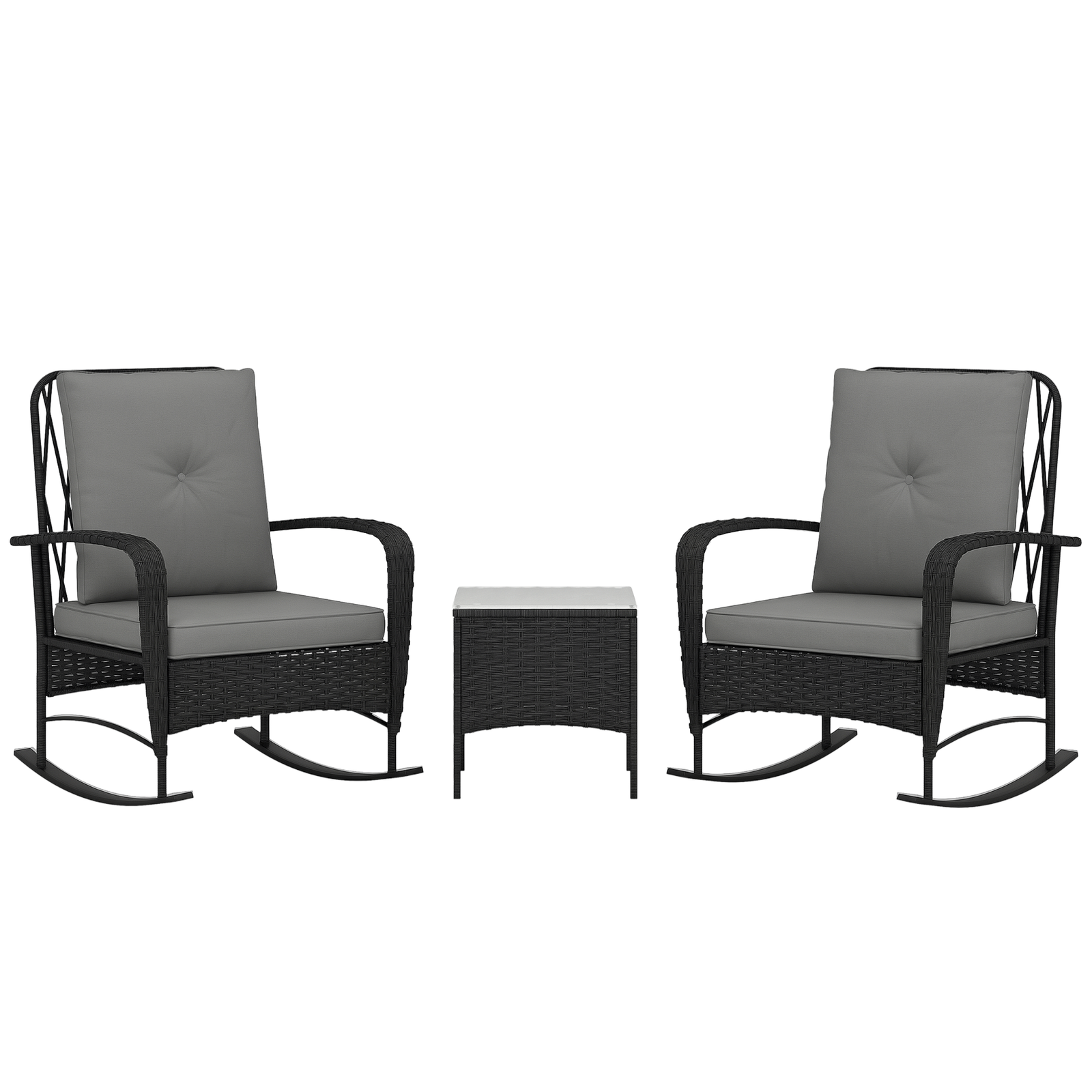 Outsunny Rattan Bistro Set Balcony Furniture with Rocking Chairs, Black