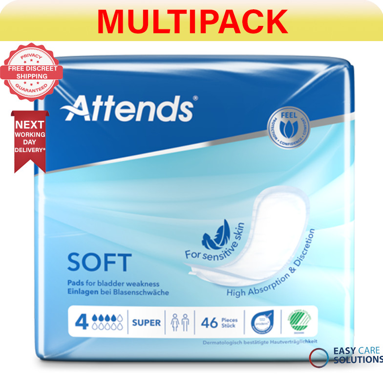 138 x Attends - Soft 4 Super Pads Unisex Incontinence Pads | 3 Packs of 46
