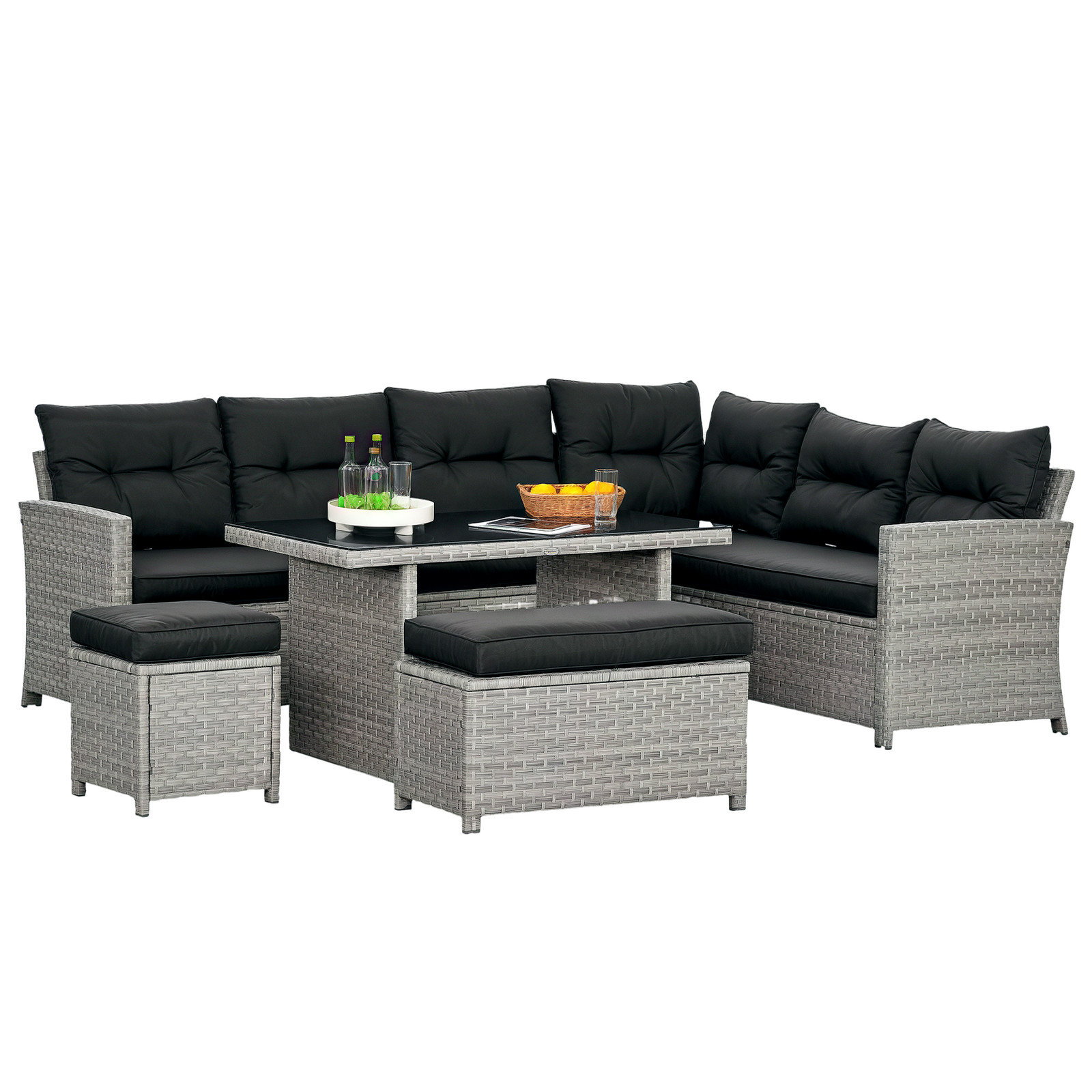 Outsunny 5 PCs Rattan Garden Furniture Set with Stools, Table, Cushion, Grey