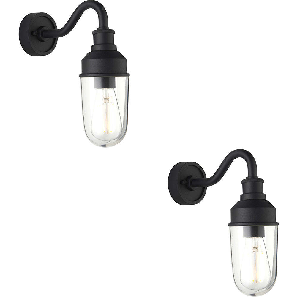 2 PACK IP44 Outdoor Wall Light Textured Black Curved Arm Glass Garage Porch Lamp
