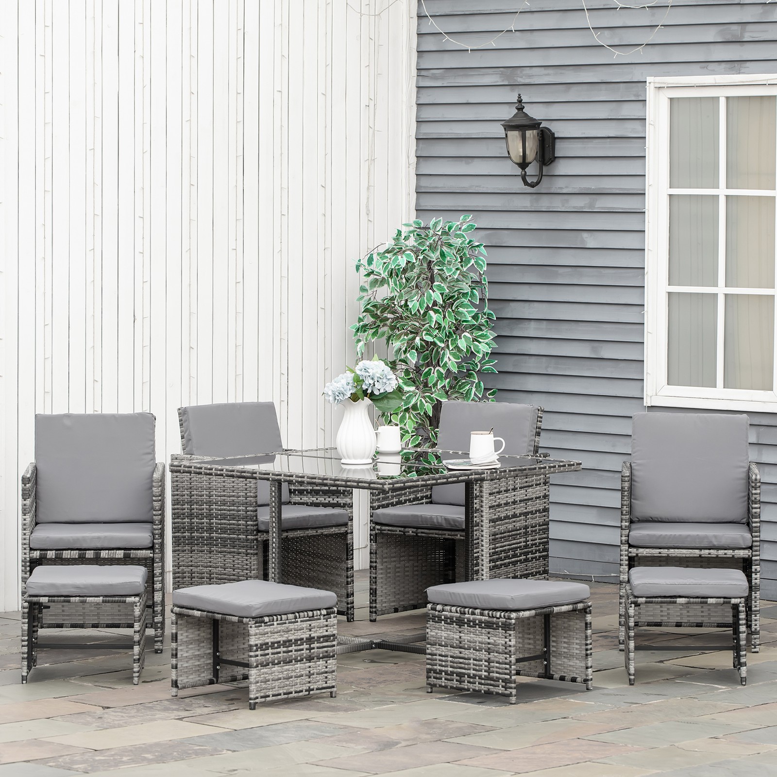 8 Seater Rattan Cube Garden Furniture Dining Set with Cushions, Grey