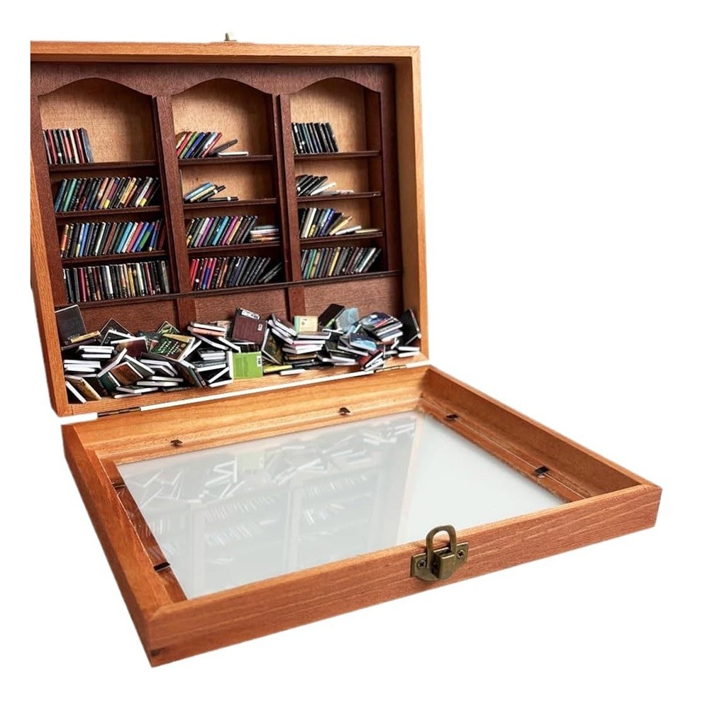 Relief Anxiety Bookshelf with 200 Book Miniature Wooden Bookshelf Ornament8018