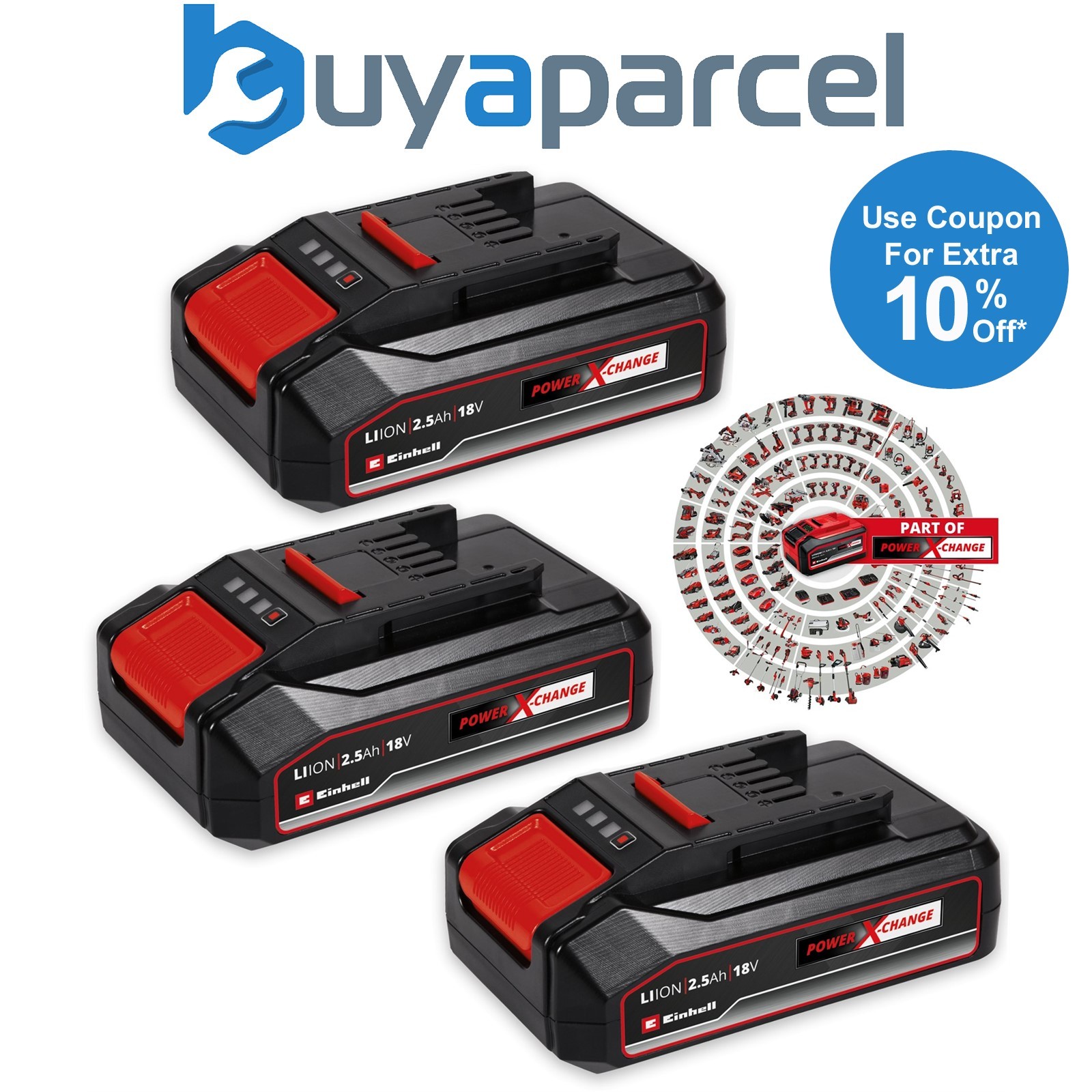 Einhell 3x 2.5Ah 18V Battery Power X-Change PXC Rechargeable Dust Resistant LED