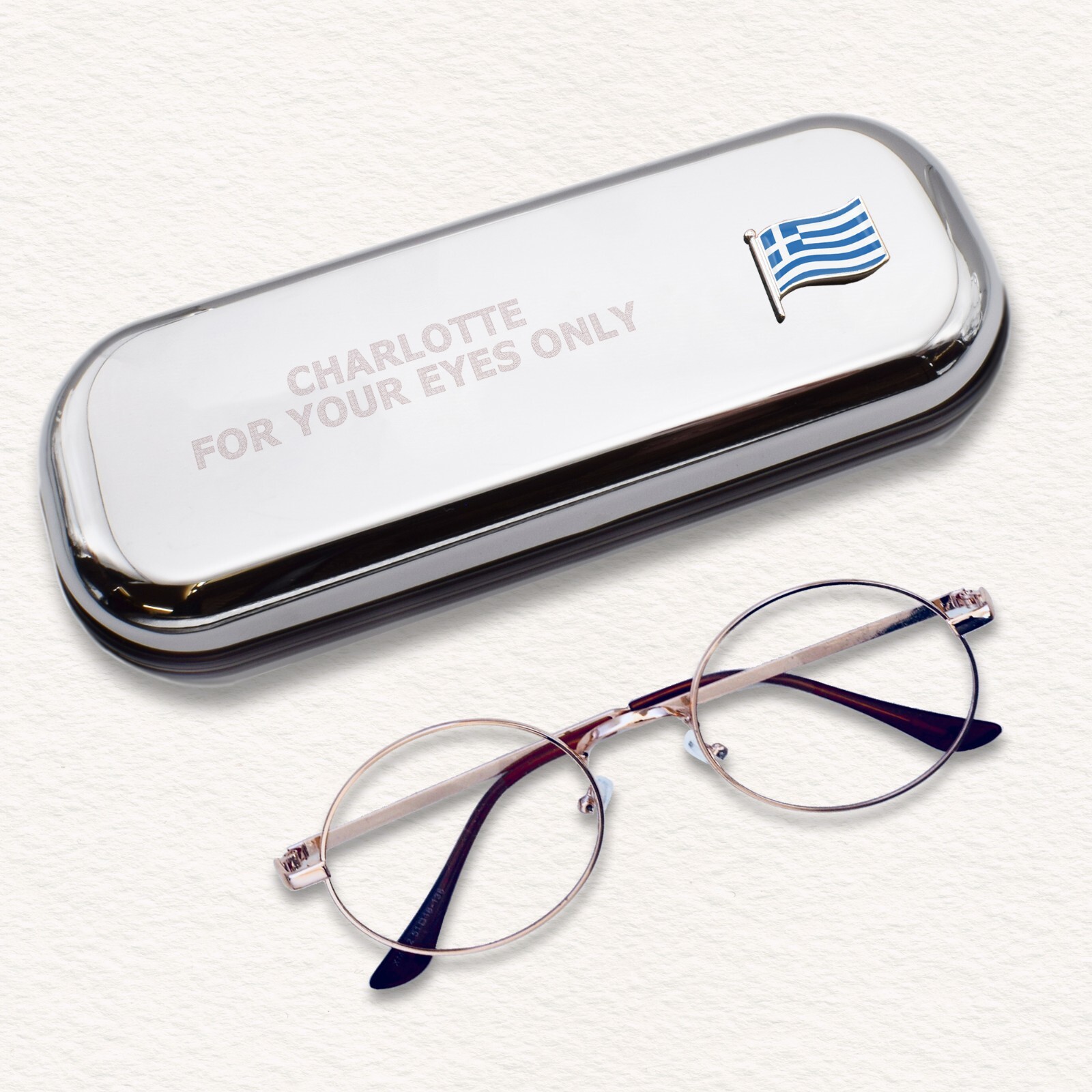 Greece Wave Flag & Engraved With Message Chromed Glasses Case Box