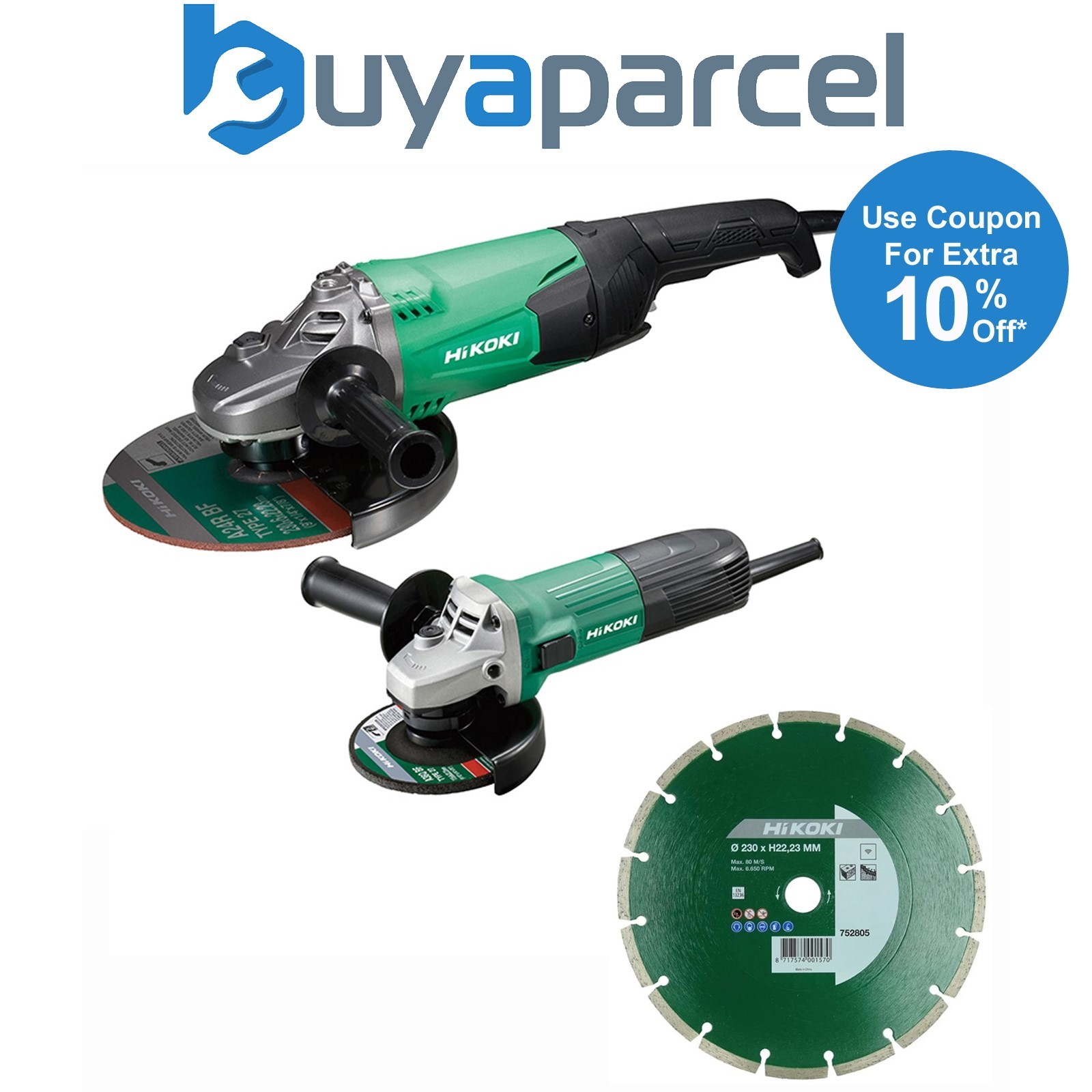 HiKOKI 110v Grinders Twin Pack G23ST 9" G12SS/J2 4 1/2" + 230mm Diamond Disc