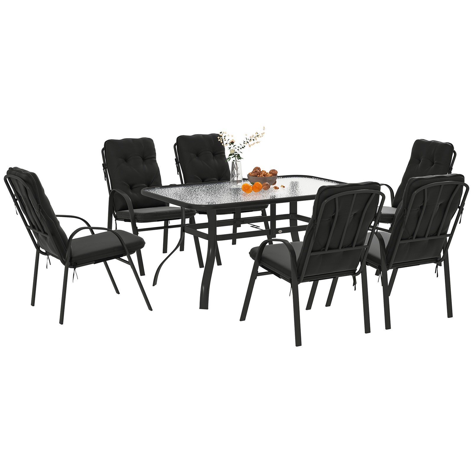 Outsunny 7 PCs Garden Dining Set w/ Umbrella Hole & Cushion, Black