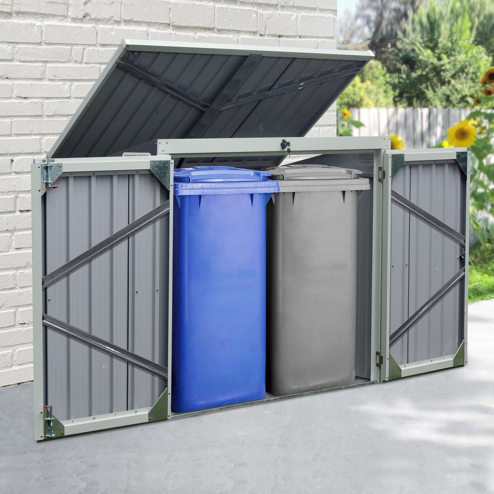 5ft x 3ft Garden 2-Bin Corrugated Steel Rubbish Storage Shed w/Locking Doors Lid