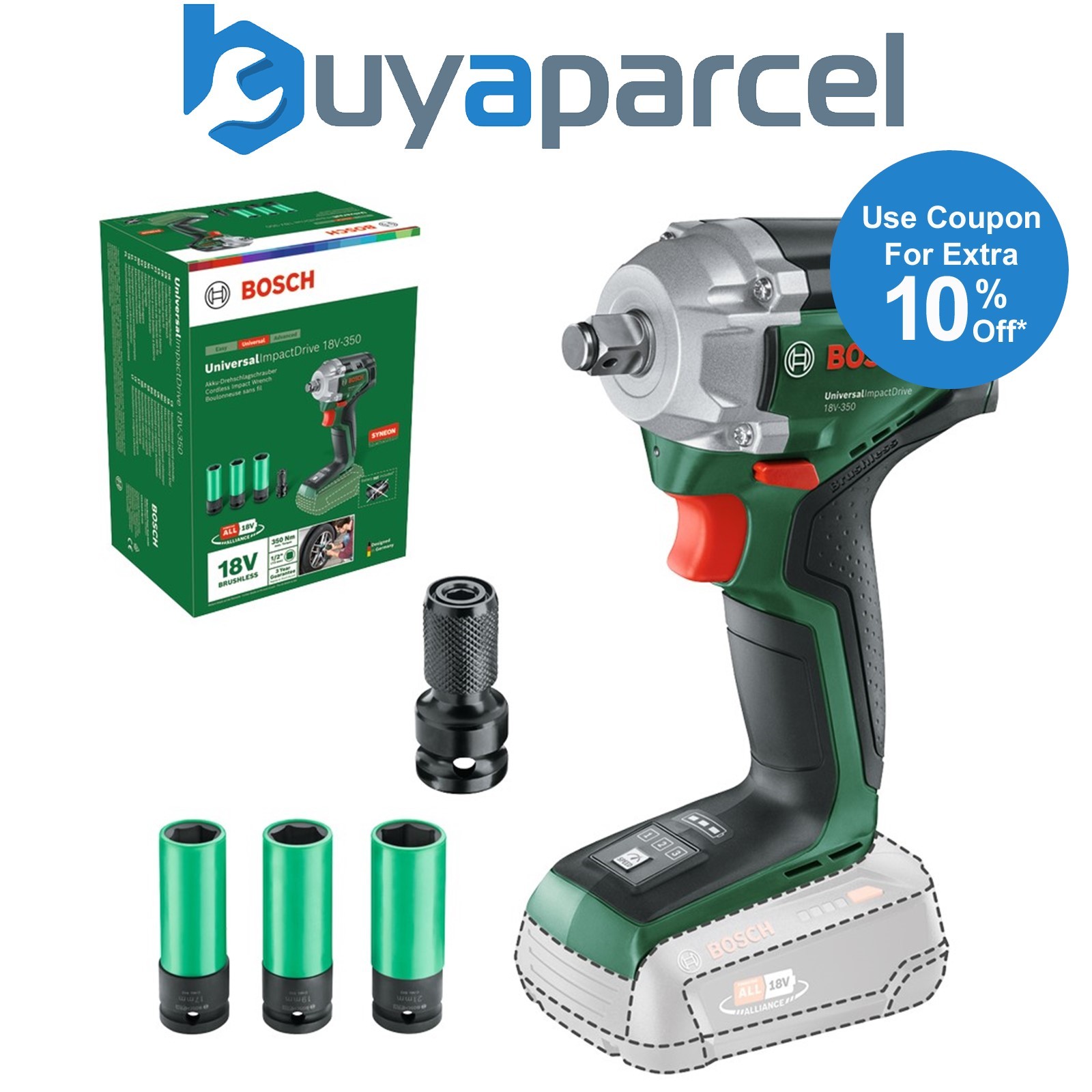 Bosch 18v Brushless 18v Impact Wrench UniversalImpactDrive 18V-350 + 3 Sockets