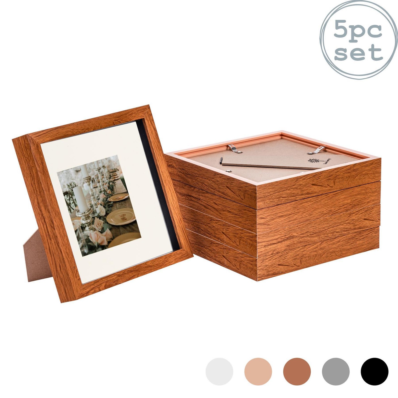 5x 3D Box Photo Frames Picture Display 8 x 8" with 4 x 4" Mount Dark Wood/Ivory
