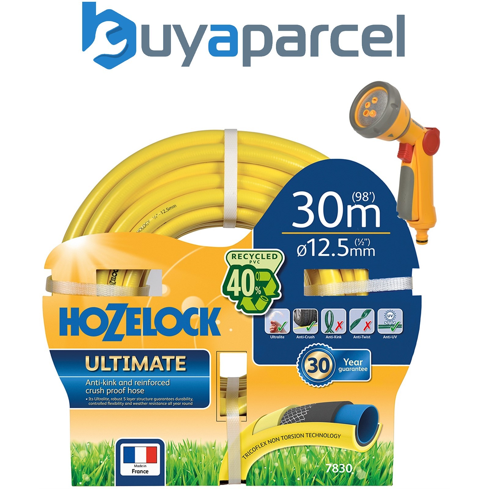 Hozelock 7850 50m Ultimate Hose Pipe Garden Crush Proof Anti Kink & 2679 Spray