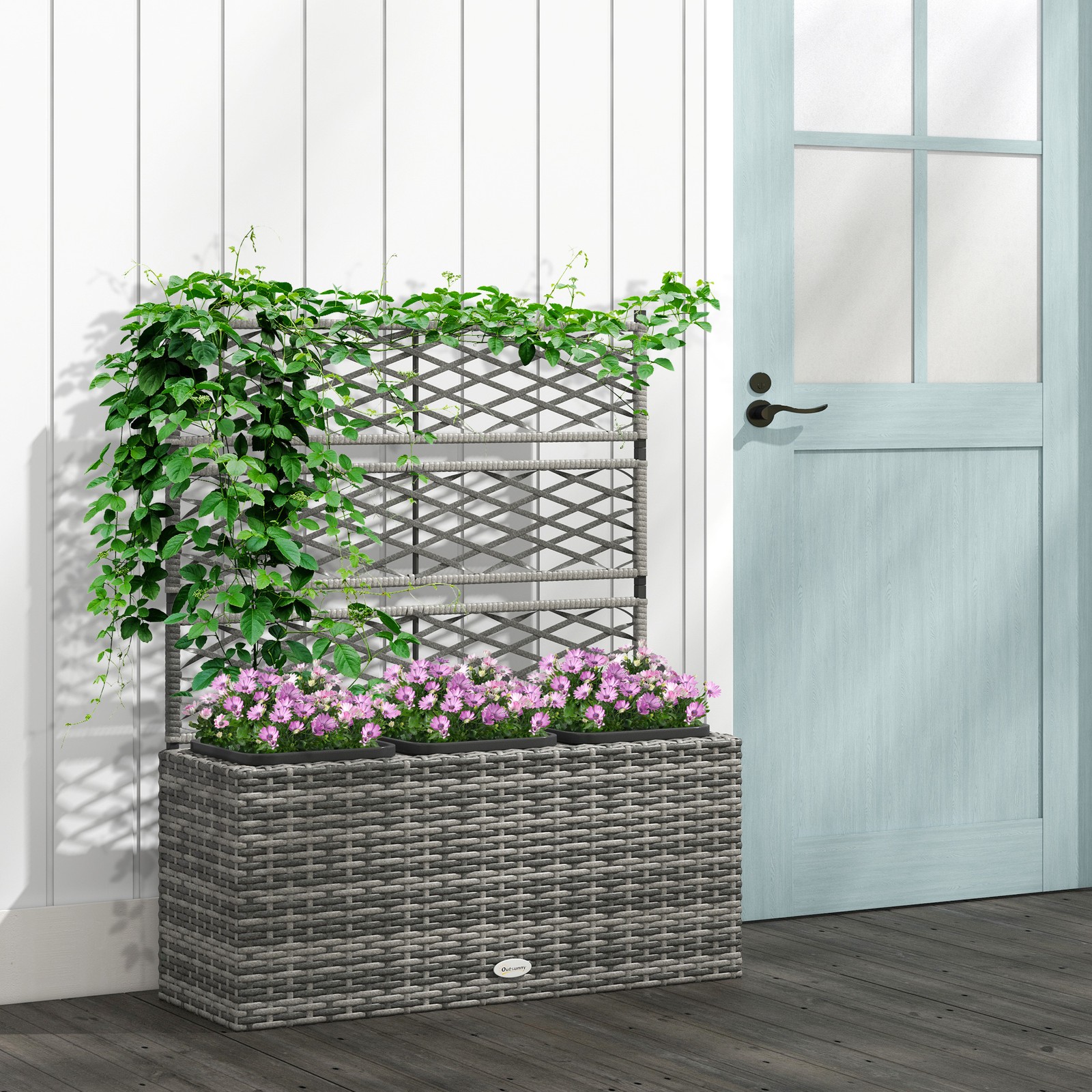Garden PE Rattan Planter with Trellis, Raised Bed, 84x30x107cm, Light Grey