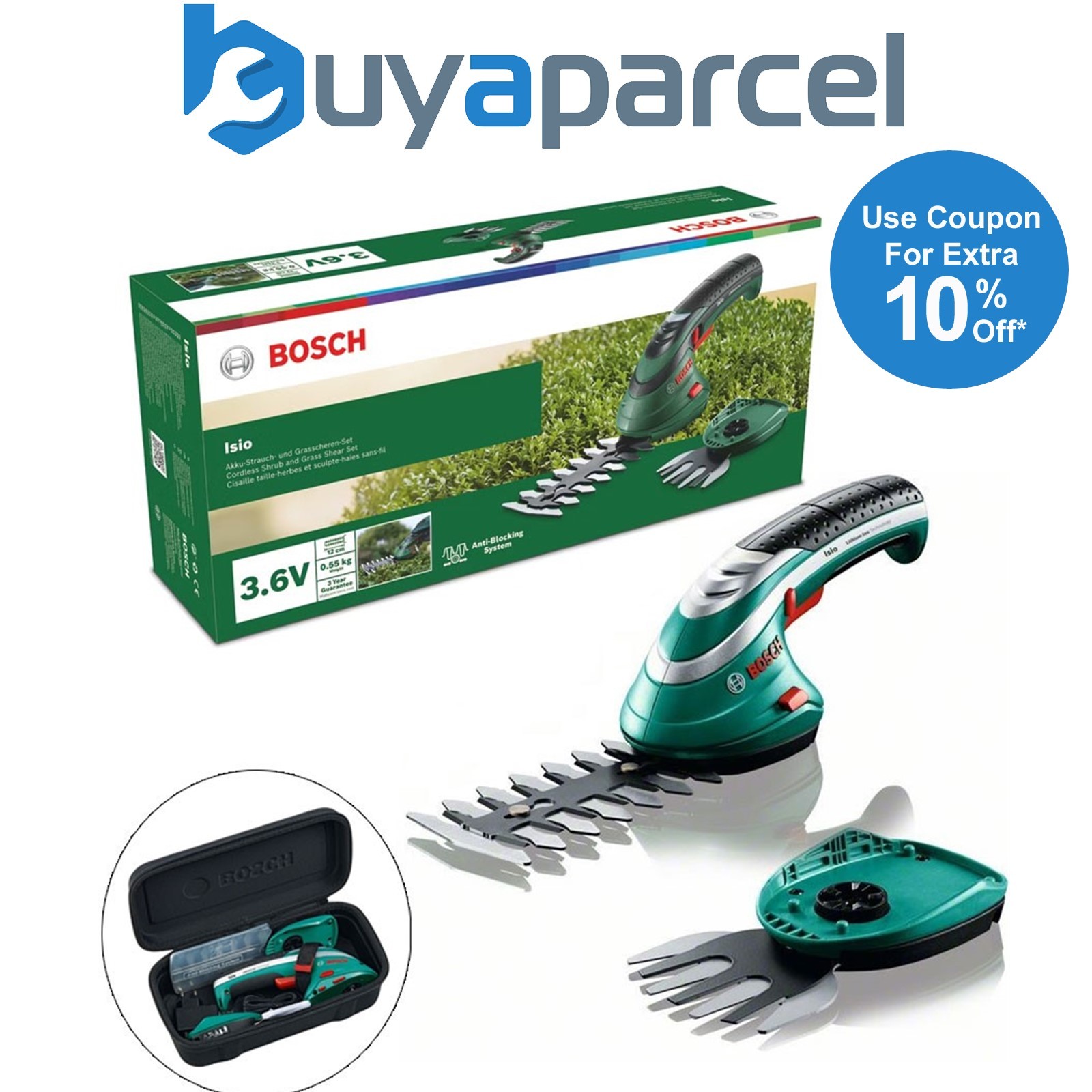 Bosch ISIO 3 III Cordless Shrub Grass Shear Hedge Cutter Multi Tool Set