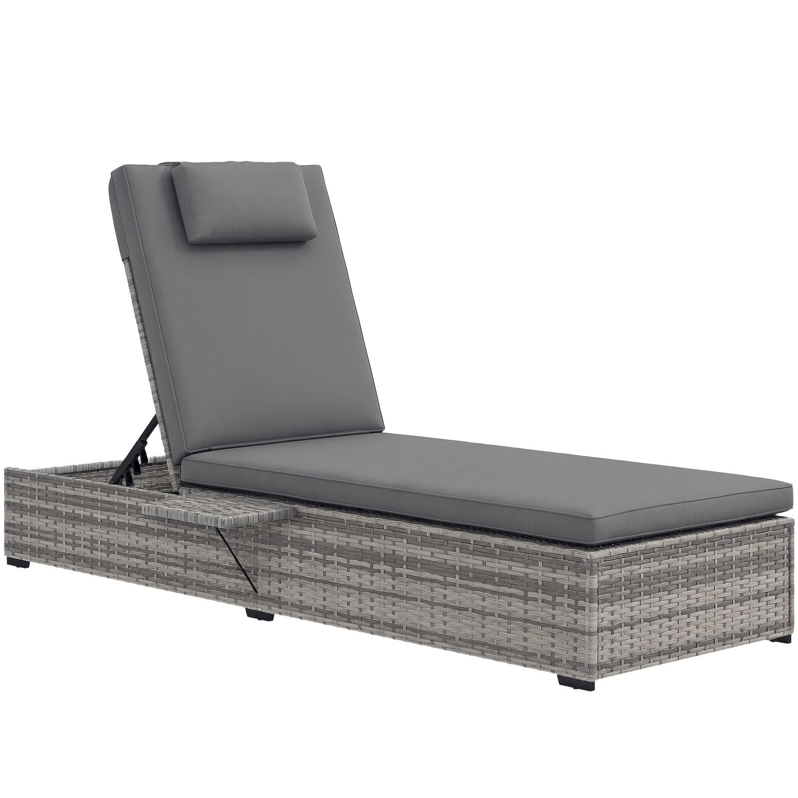 Outsunny Rattan Sun Lounger, Garden Recliner w/ 5-Level Back, Cushion, Grey