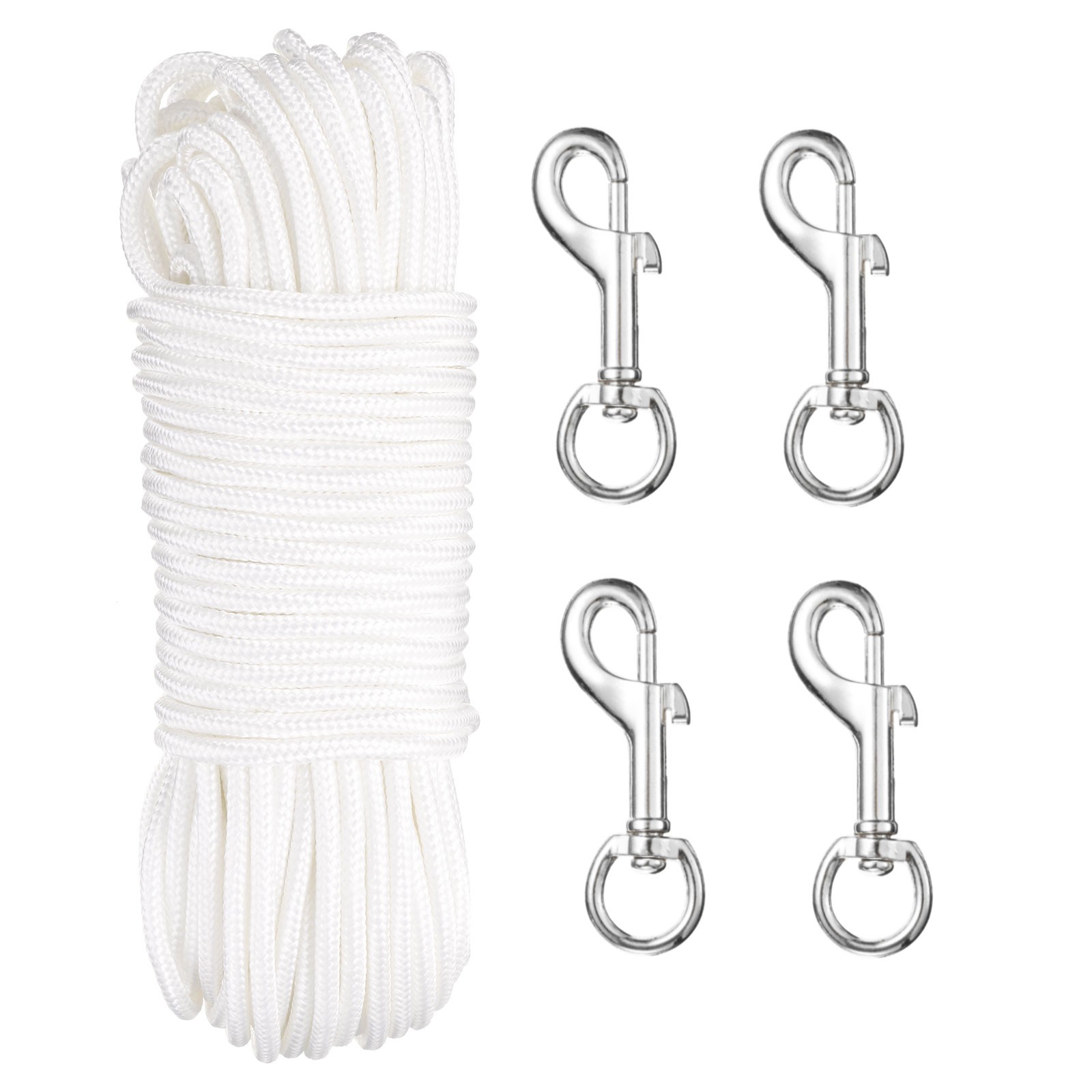 100Ft Flag Pole Halyards Rope 1/4" with 4 Pcs Nickel Flagpoles Clips Silver