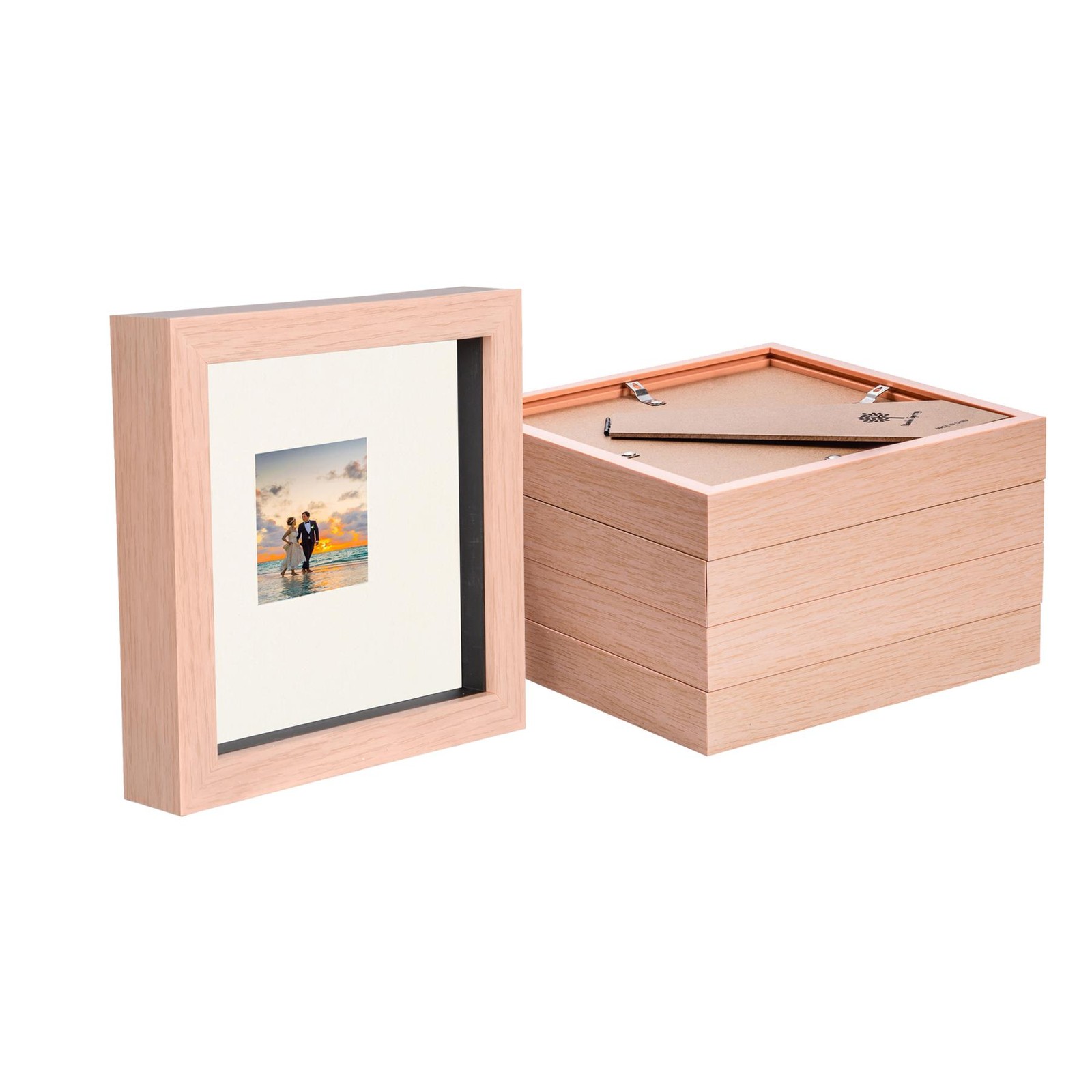 5x Light Wood 6" x 6" 3D Box Photo Frames Ivory 2" x 2" Mount Shadow Picture